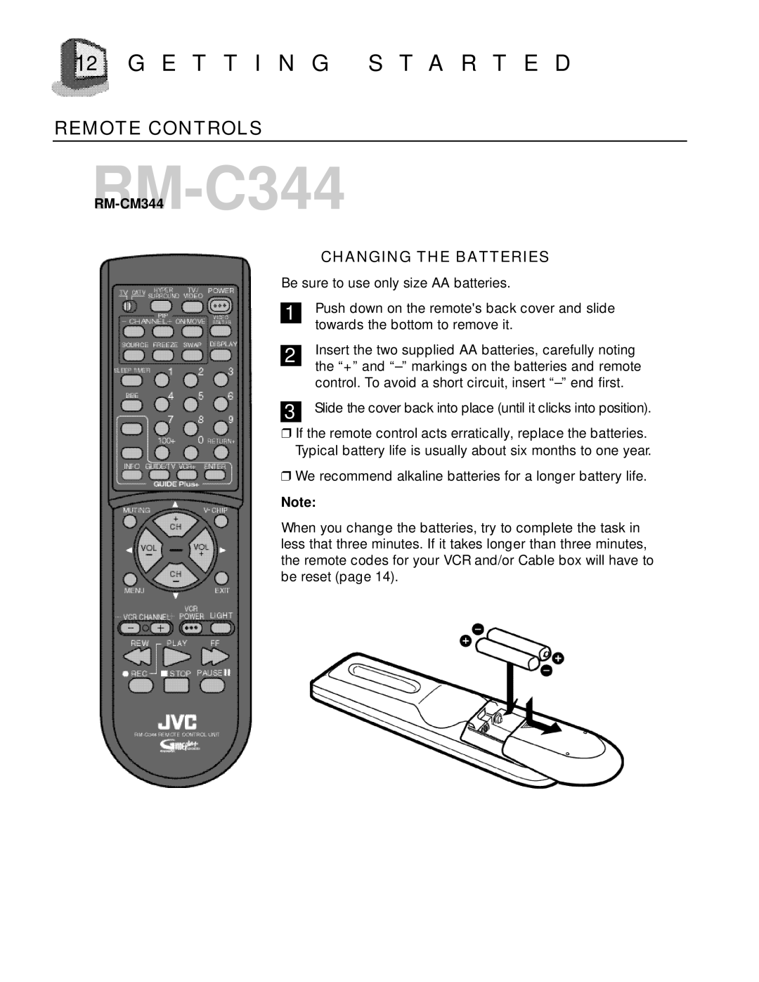 JVC AV-27D800 manual E T T I N G S T a R T E D, Remote Controls, Changing the Batteries, RMRM-CM344 -C344 