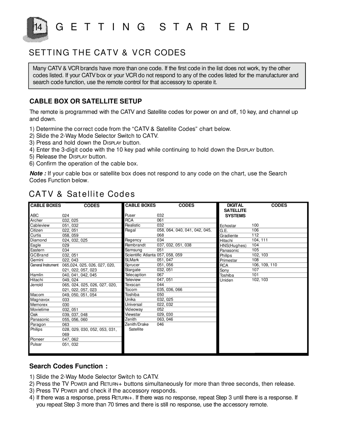 JVC AV-27D800 manual Setting the Catv & VCR Codes, Cable BOX or Satellite Setup 