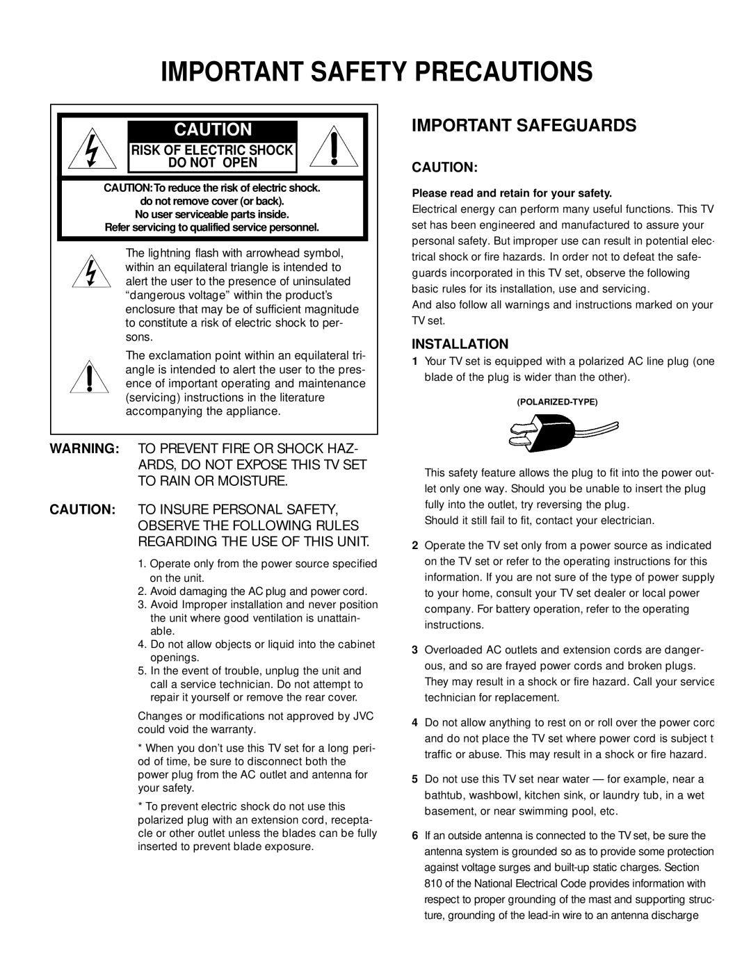 JVC AV-27D800 manual Risk of Electric Shock Do not Open, Installation 