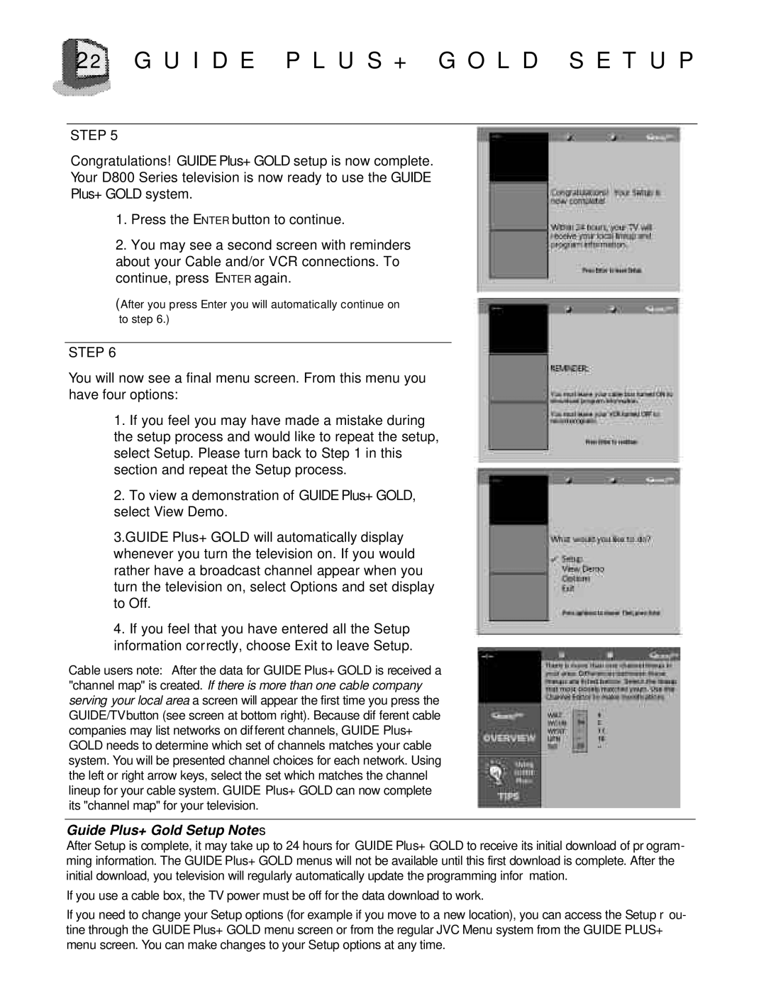 JVC AV-27D800 manual Guide Plus+ Gold Setup Notes 