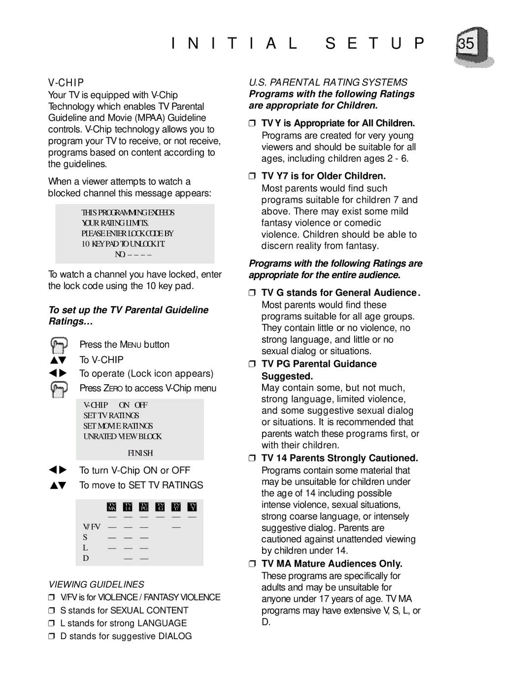 JVC AV-27D800 manual I T I a L S E T U P, Chip, TV PG Parental Guidance Suggested 