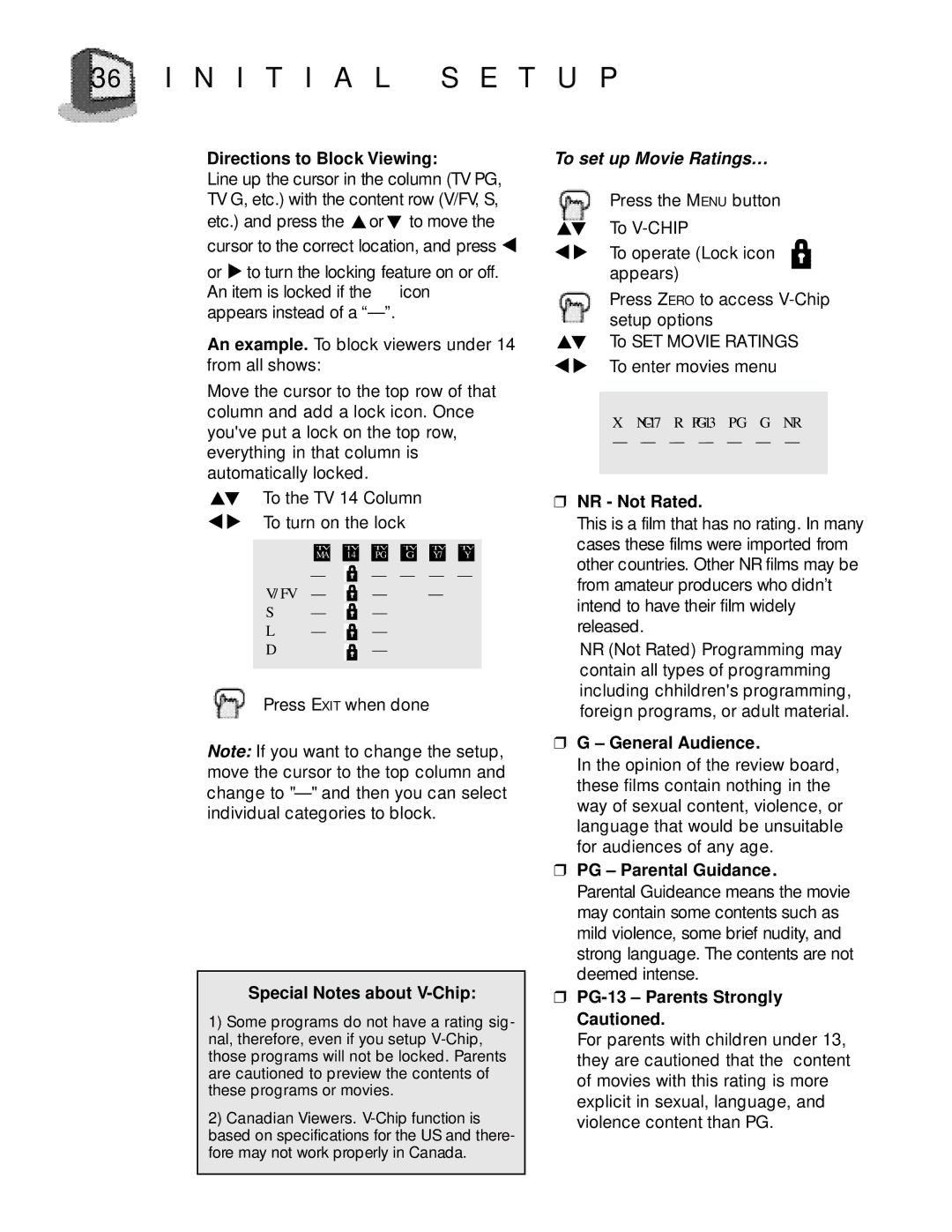 JVC AV-27D800 Directions to Block Viewing, NR Not Rated, General Audience, PG Parental Guidance, PG-13 Parents Strongly 