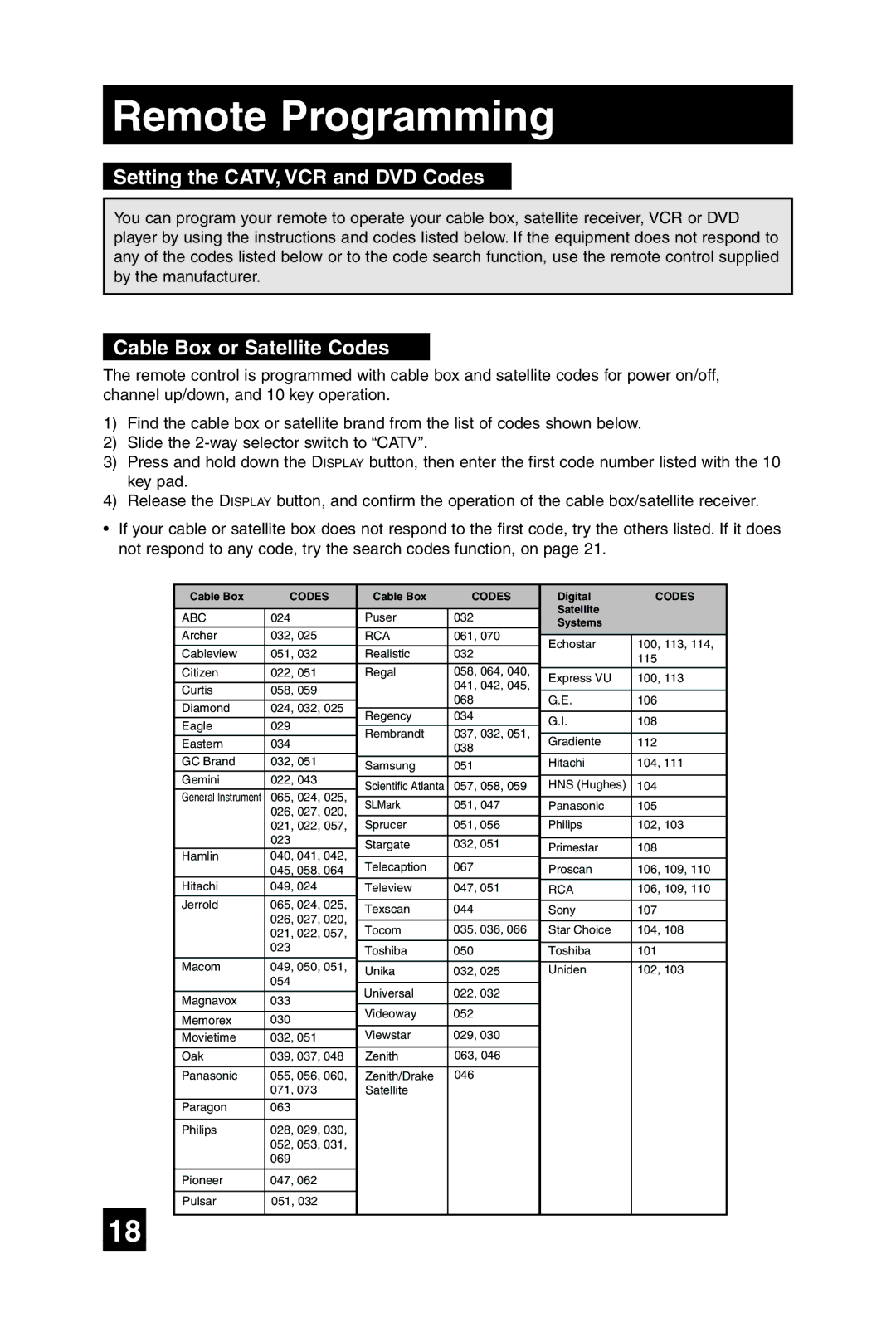 JVC AV-32F475, AV-27F475, AV-36F475 Remote Programming, Setting the CATV, VCR and DVD Codes, Cable Box or Satellite Codes 