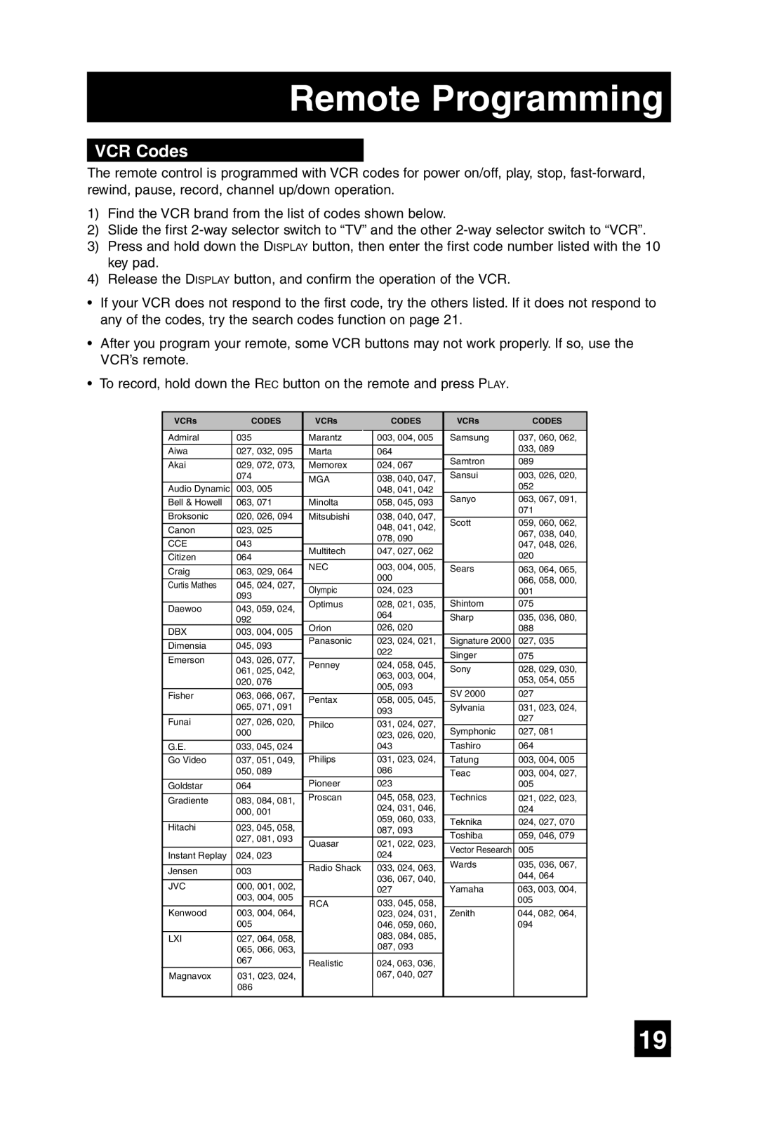 JVC AV-32F485, AV-27F475, AV-36F475, AV-32F475 manual VCR Codes 