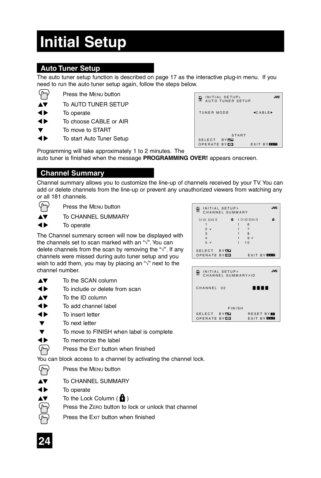 JVC AV-27F475, AV-36F475, AV-32F475, AV-32F485 manual Initial Setup, Auto Tuner Setup, Channel Summary 