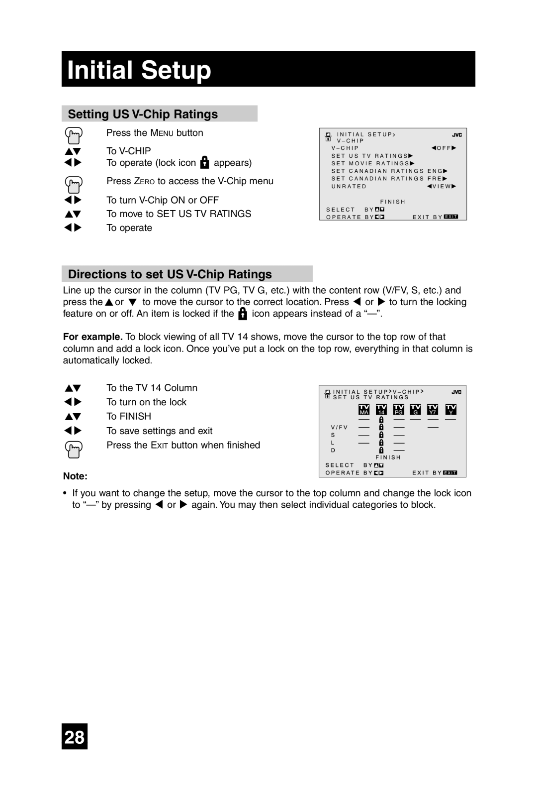 JVC AV-27F475, AV-36F475, AV-32F475, AV-32F485 manual Setting US V-Chip Ratings, Directions to set US V-Chip Ratings 