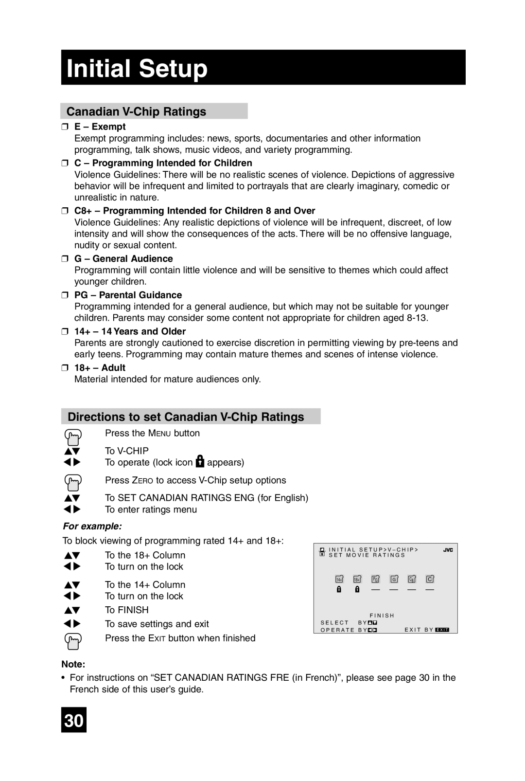 JVC AV-32F475, AV-27F475, AV-36F475, AV-32F485 manual Directions to set Canadian V-Chip Ratings 