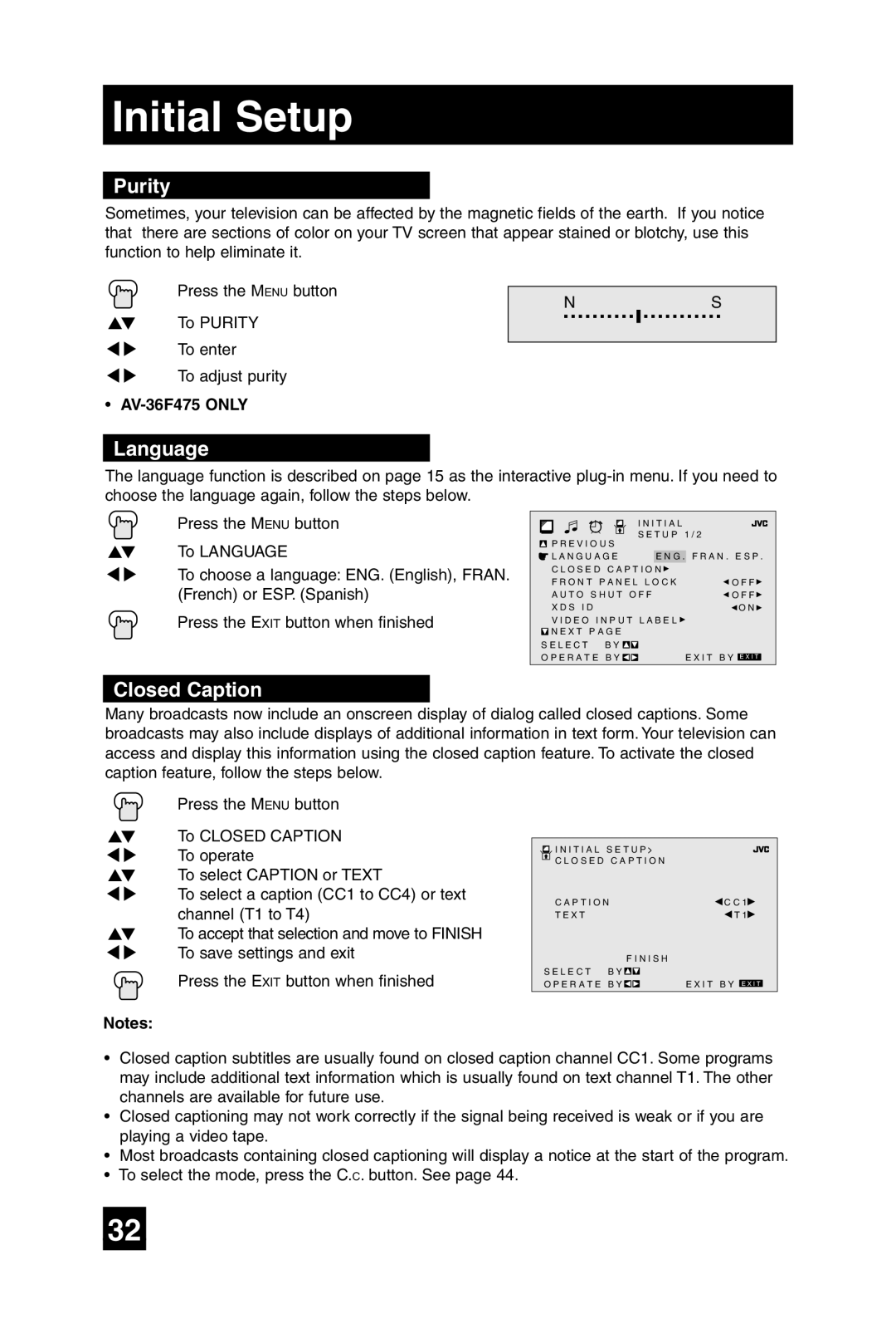 JVC AV-27F475, AV-32F475, AV-32F485 manual Purity, Language, Closed Caption, AV-36F475 only 