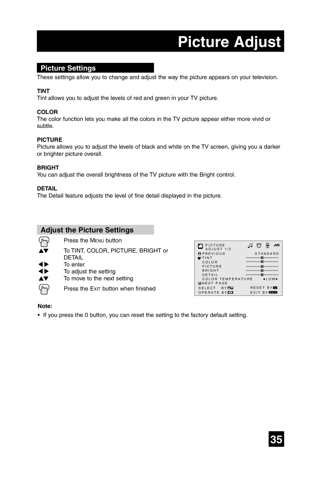 JVC AV-32F485, AV-27F475, AV-36F475, AV-32F475 manual Picture Adjust, Adjust the Picture Settings 