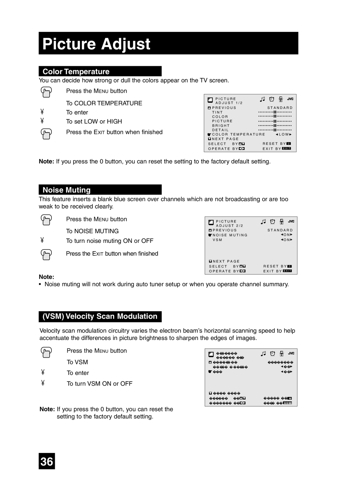 JVC AV-27F475, AV-36F475, AV-32F475, AV-32F485 manual Color Temperature, Noise Muting, VSM Velocity Scan Modulation 