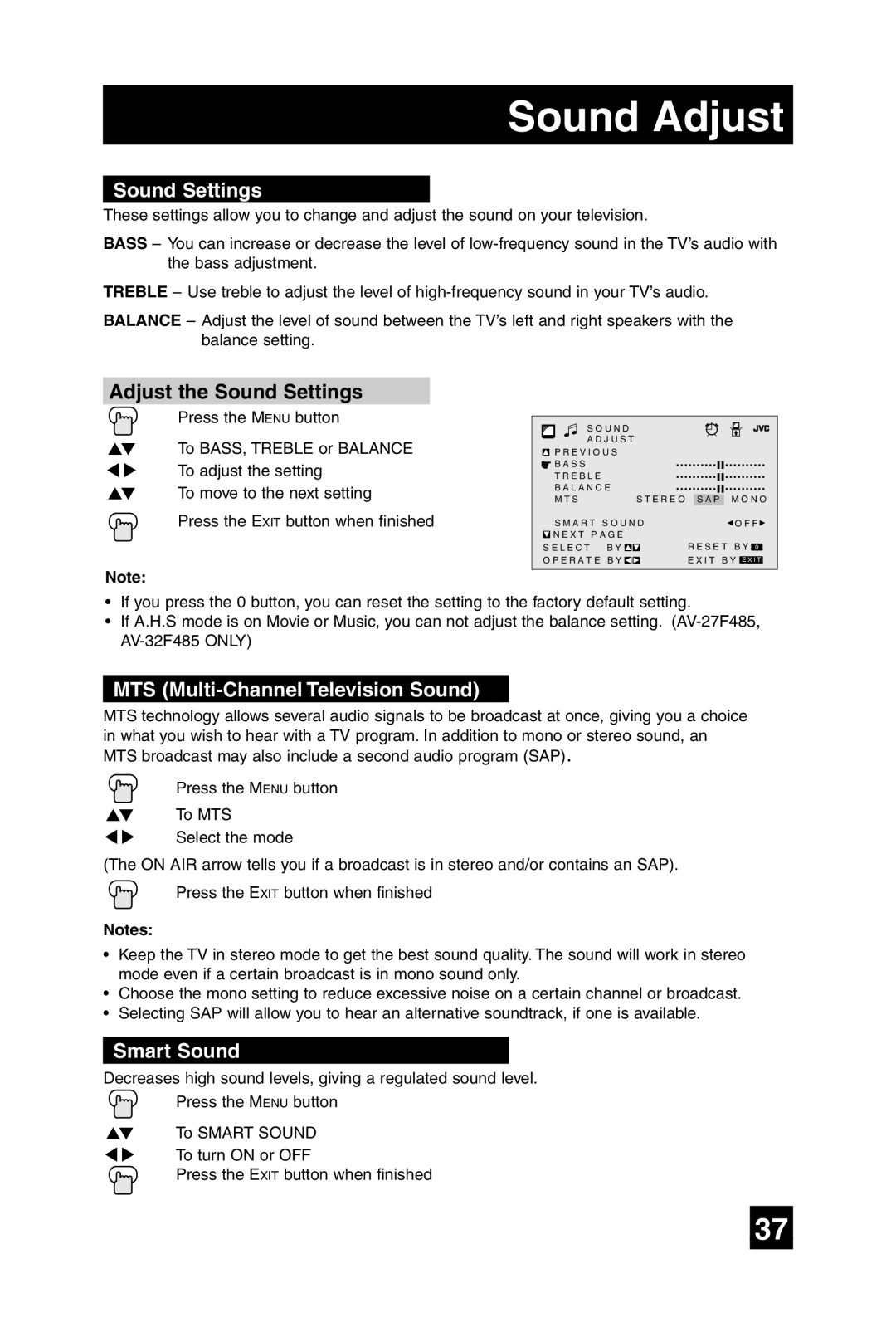 JVC AV-36F475, AV-27F475 manual Sound Adjust, Adjust the Sound Settings, MTS Multi-Channel Television Sound, Smart Sound 