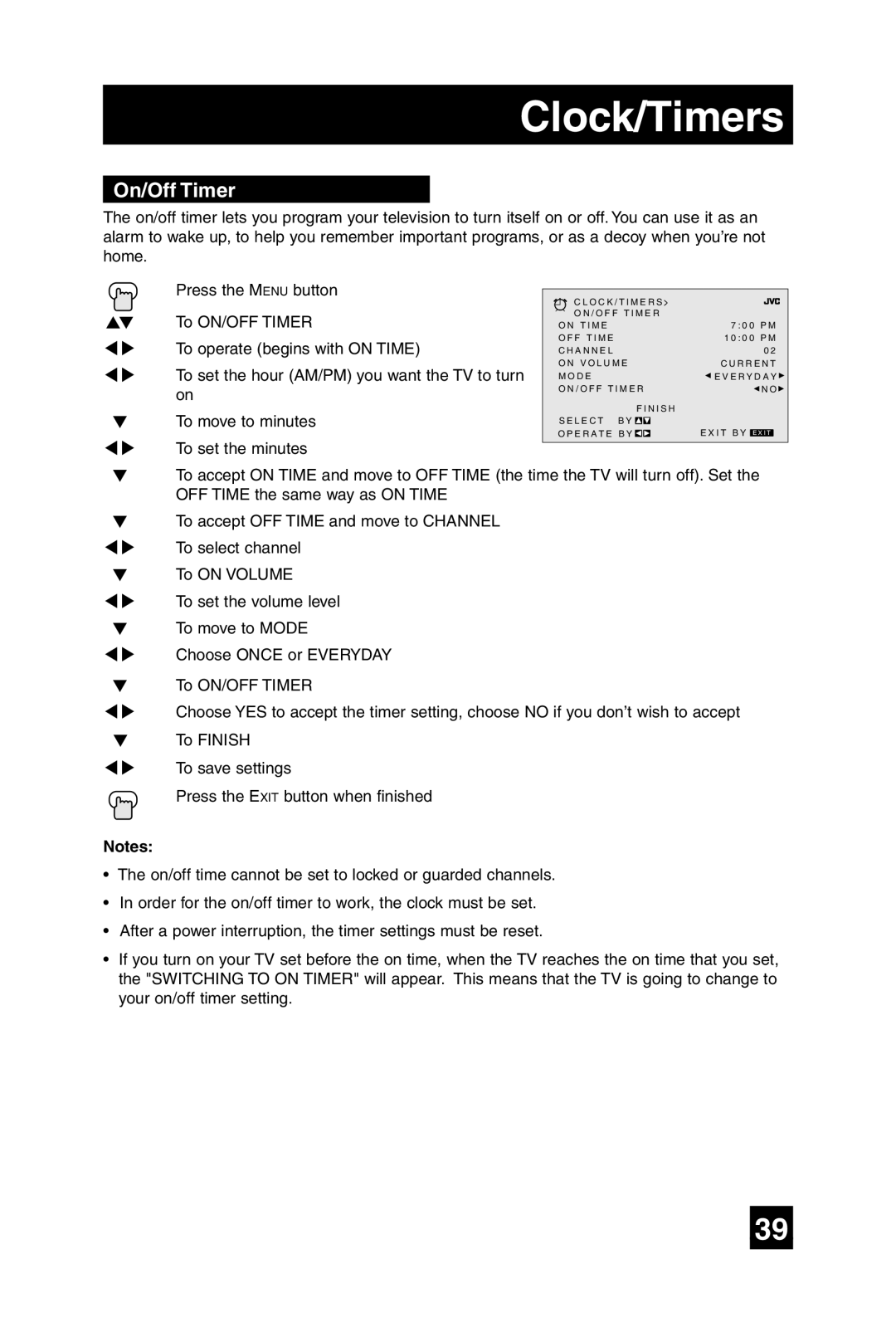 JVC AV-32F485, AV-27F475, AV-36F475, AV-32F475 manual On/Off Timer 