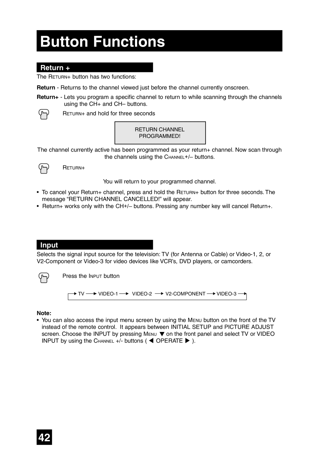 JVC AV-32F475, AV-27F475, AV-36F475, AV-32F485 manual Return +, Input 