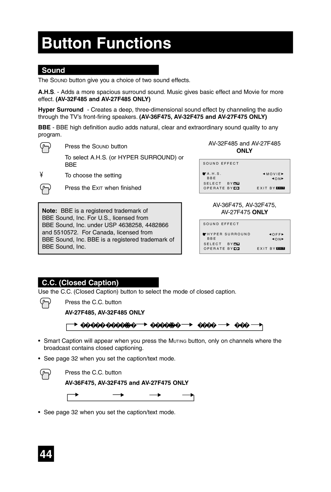 JVC manual Sound, AV-27F485, AV-32F485 only, AV-36F475, AV-32F475 and AV-27F475 only 