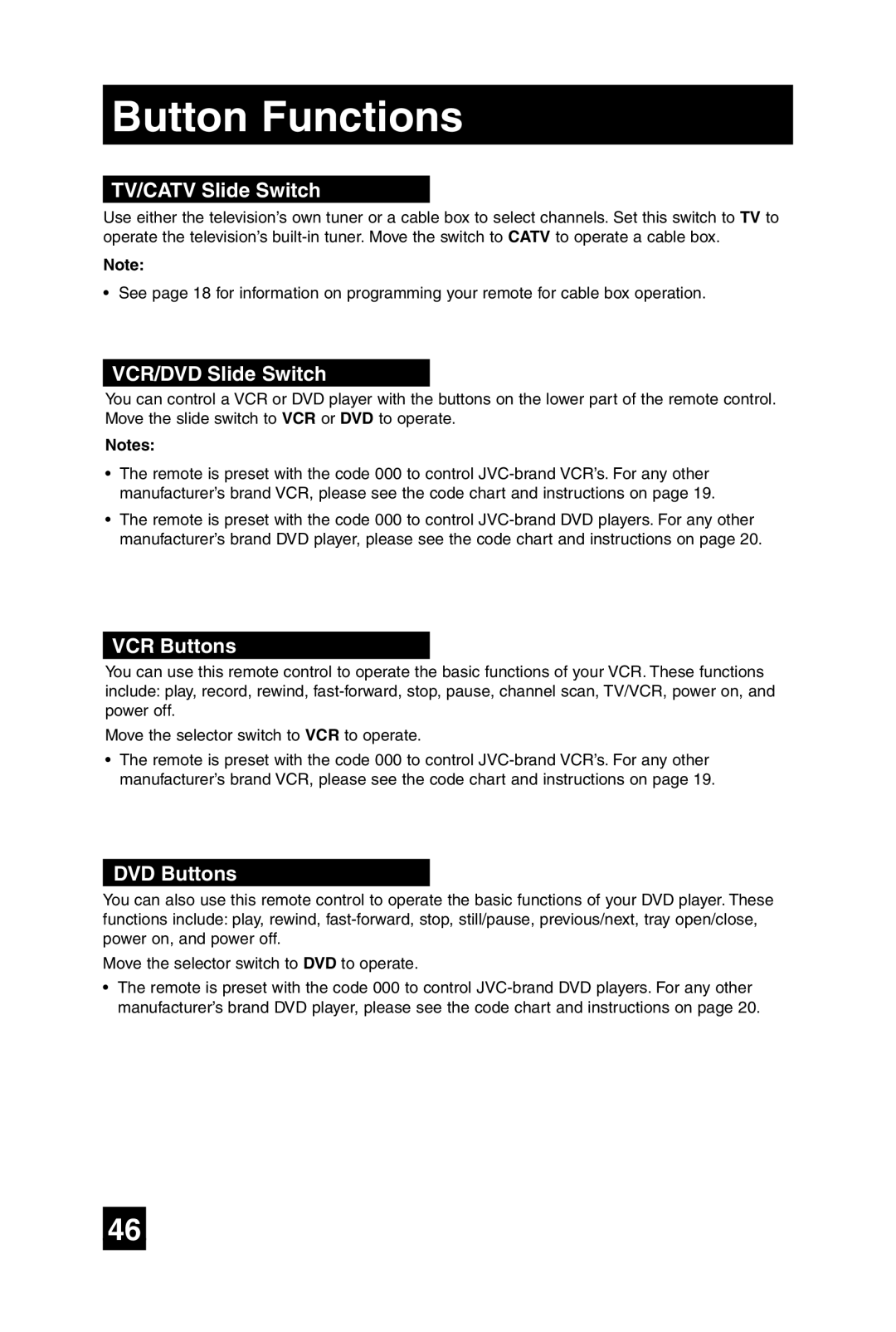 JVC AV-32F475, AV-27F475, AV-36F475, AV-32F485 manual TV/CATV Slide Switch, VCR/DVD Slide Switch, VCR Buttons, DVD Buttons 