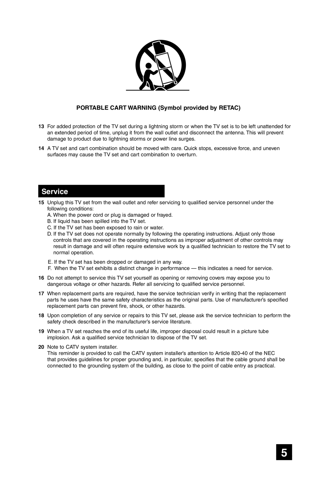 JVC AV-36F475, AV-27F475, AV-32F475, AV-32F485 manual Service, Portable Cart Warning Symbol provided by Retac 