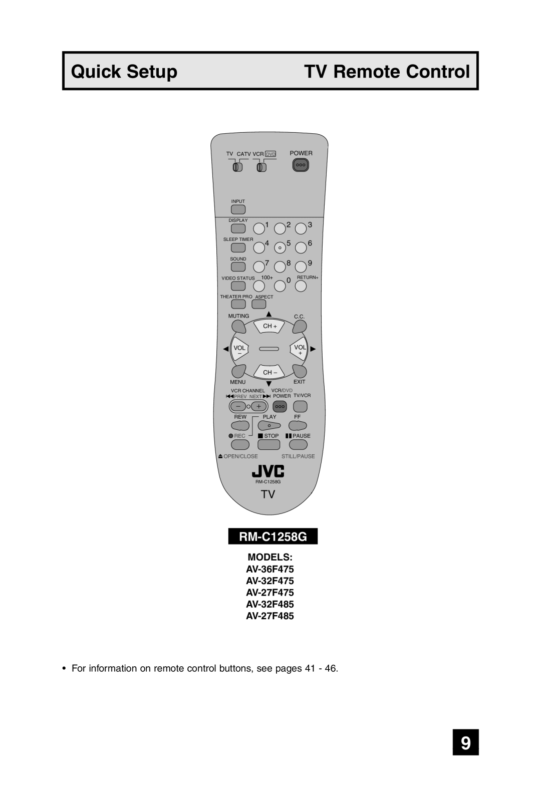 JVC AV-36F475, AV-27F475, AV-32F475, AV-32F485 manual Quick Setup TV Remote Control, RM-C1258G 