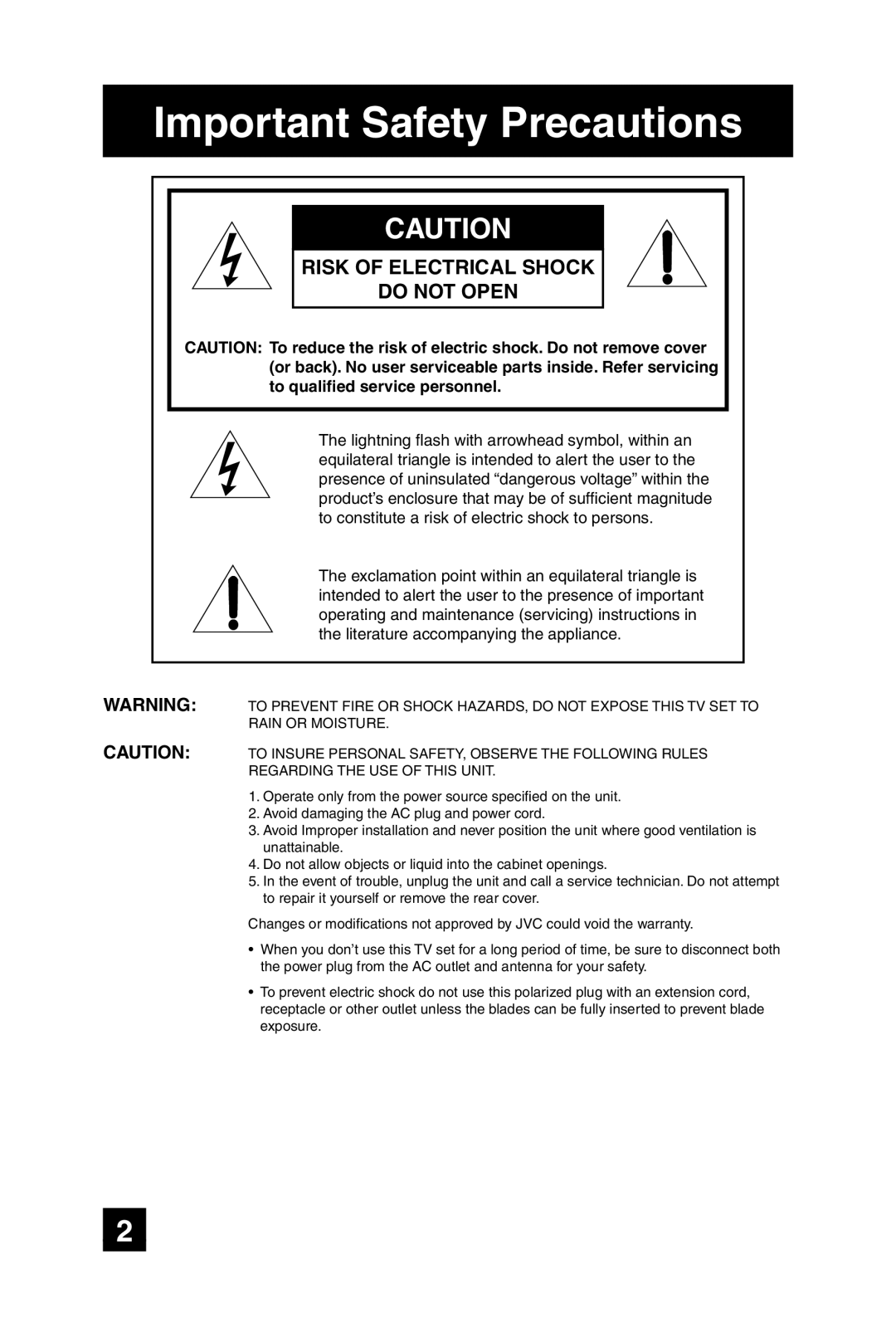 JVC AV 27F485 manual Important Safety Precautions, Risk of Electrical Shock Do not Open 