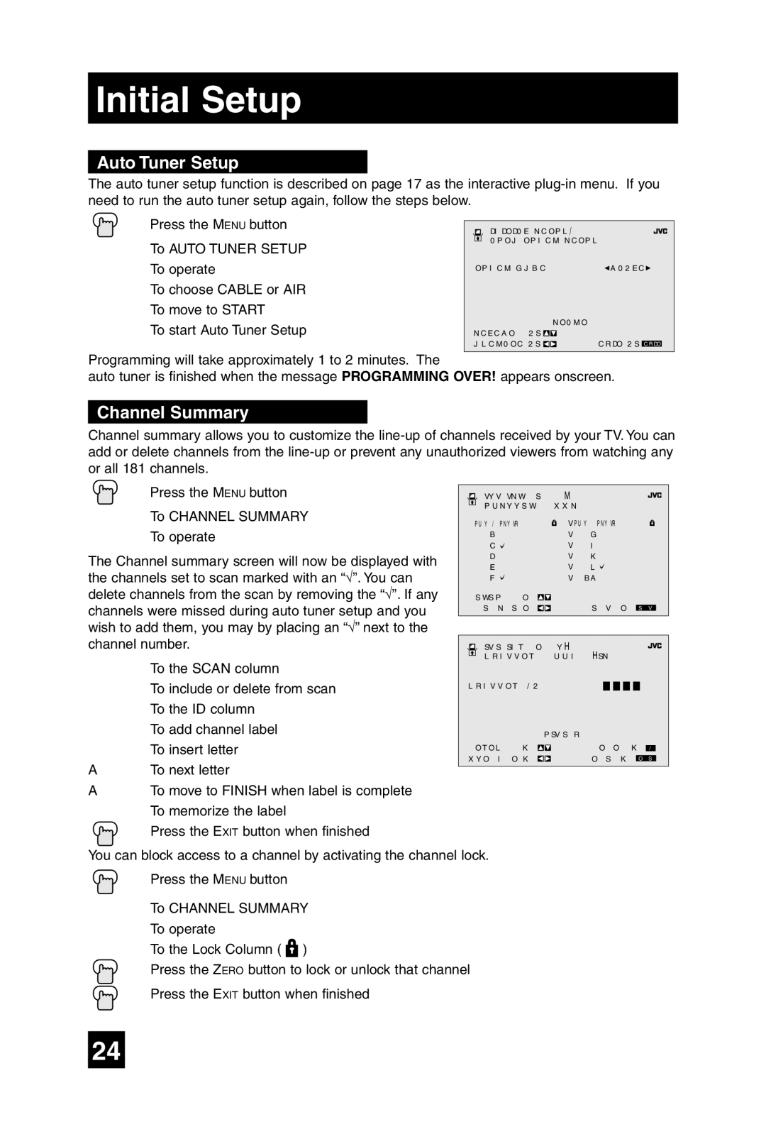 JVC AV 27F485 manual Initial Setup, Auto Tuner Setup, Channel Summary 