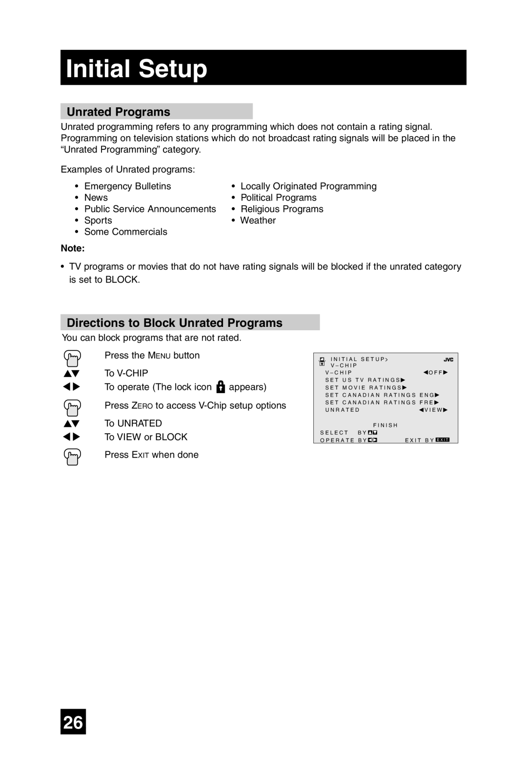 JVC AV 27F485 manual Directions to Block Unrated Programs 