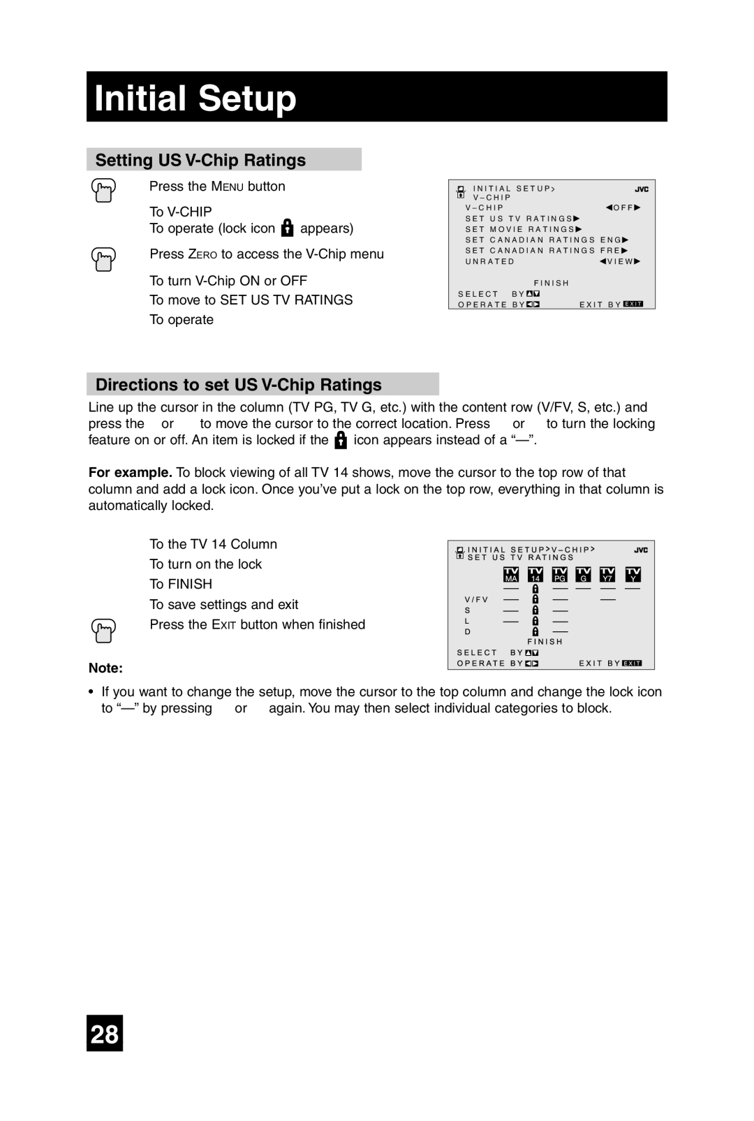 JVC AV 27F485 manual Setting US V-Chip Ratings, Directions to set US V-Chip Ratings 