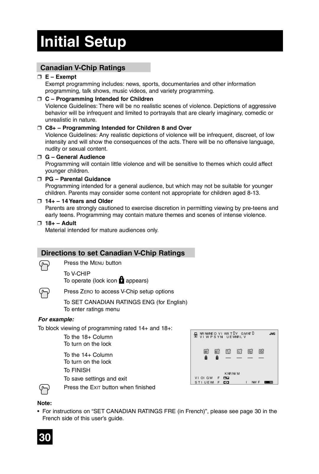 JVC AV 27F485 manual Directions to set Canadian V-Chip Ratings 