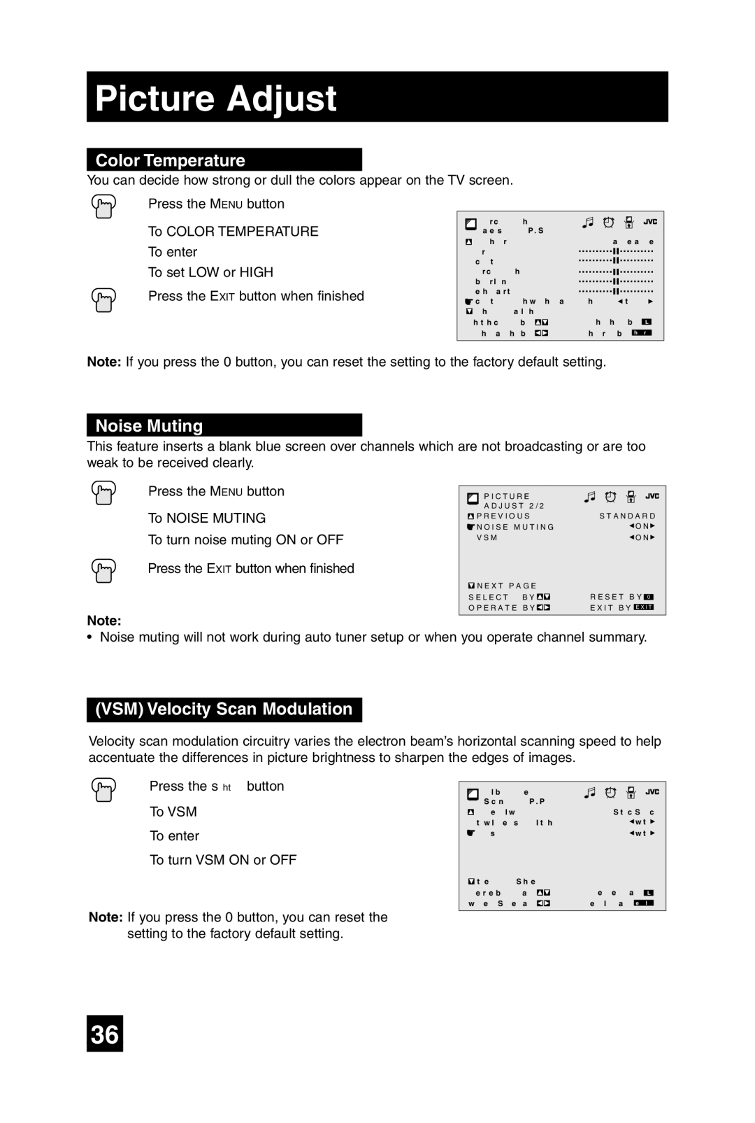 JVC AV 27F485 manual Color Temperature, Noise Muting, VSM Velocity Scan Modulation 