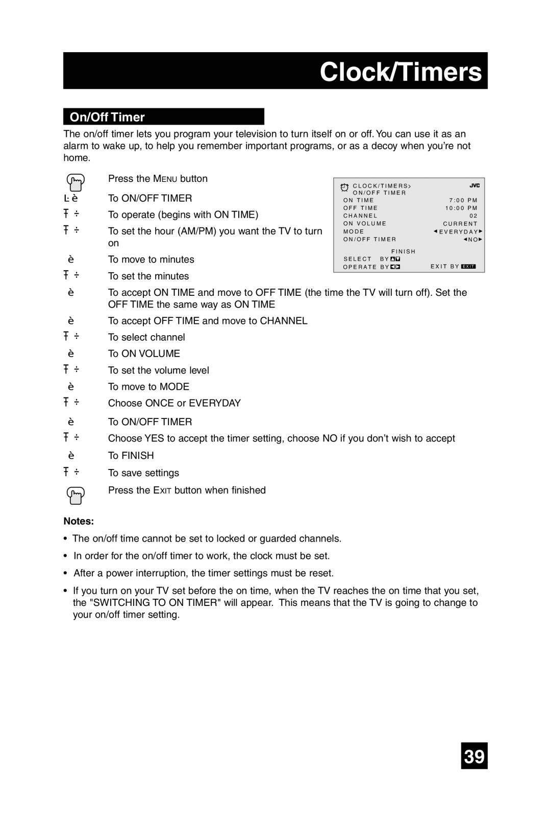 JVC AV 27F485 manual On/Off Timer 