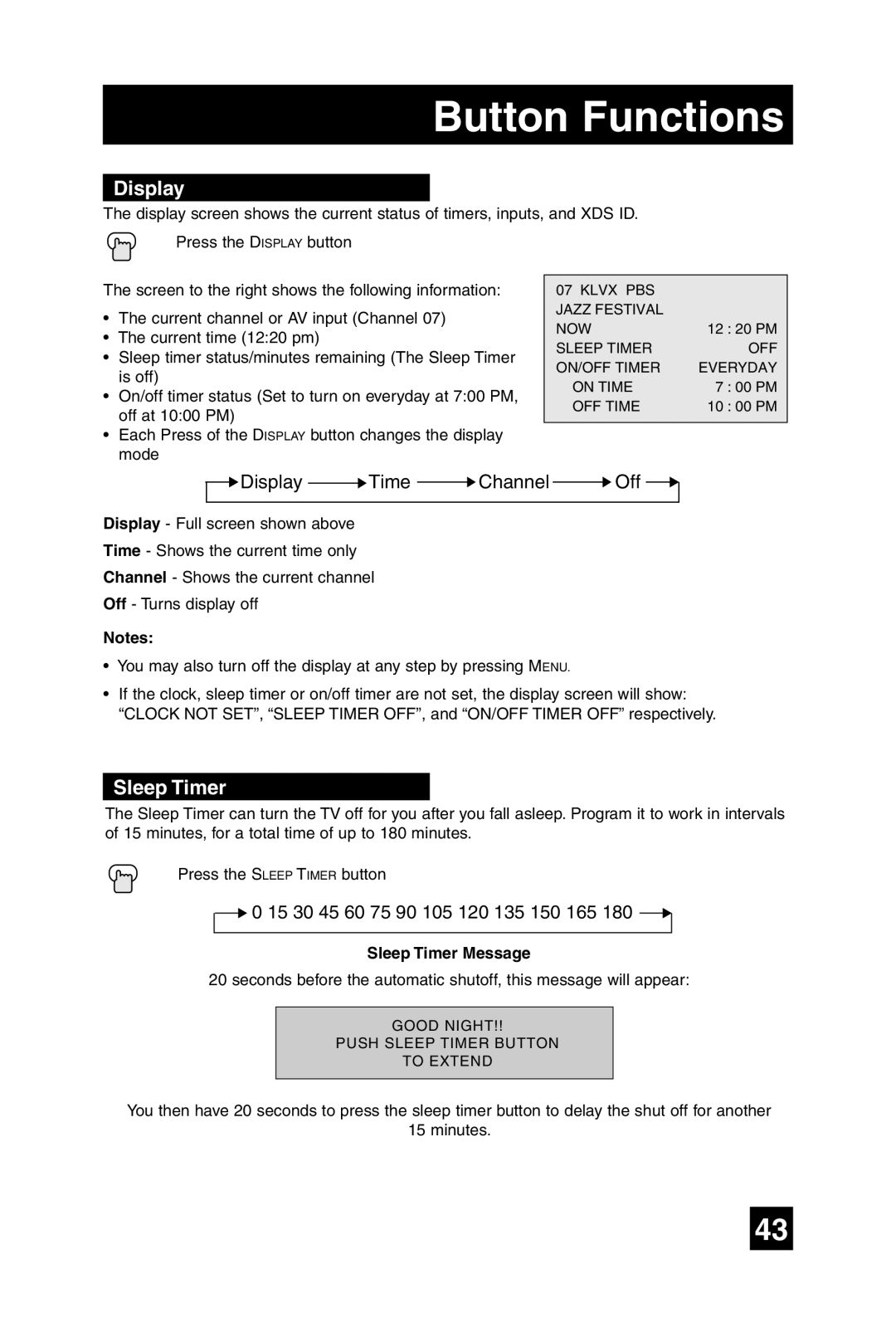 JVC AV 27F485 manual Display, Sleep Timer Message 