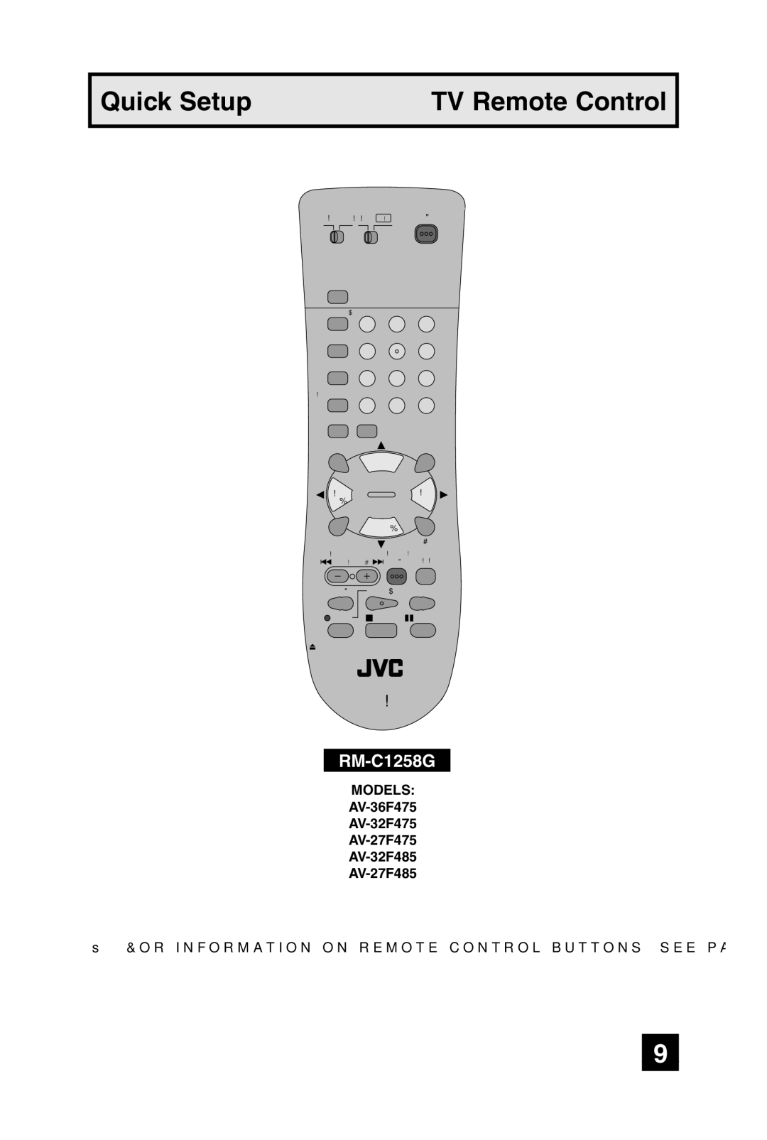 JVC AV 27F485 manual Quick Setup TV Remote Control, RM-C1258G 