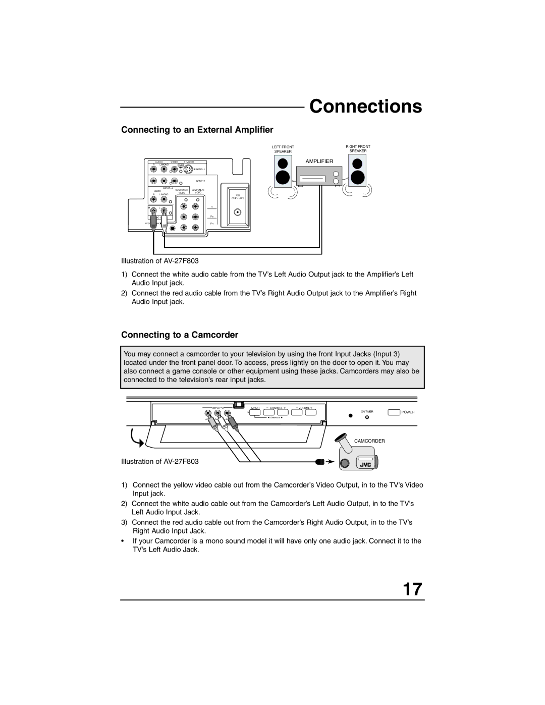 JVC AV-27F713, AV-27F803, AV-27F703, AV-32F803, AV-36F713 manual Connecting to an External Amplifier, Connecting to a Camcorder 