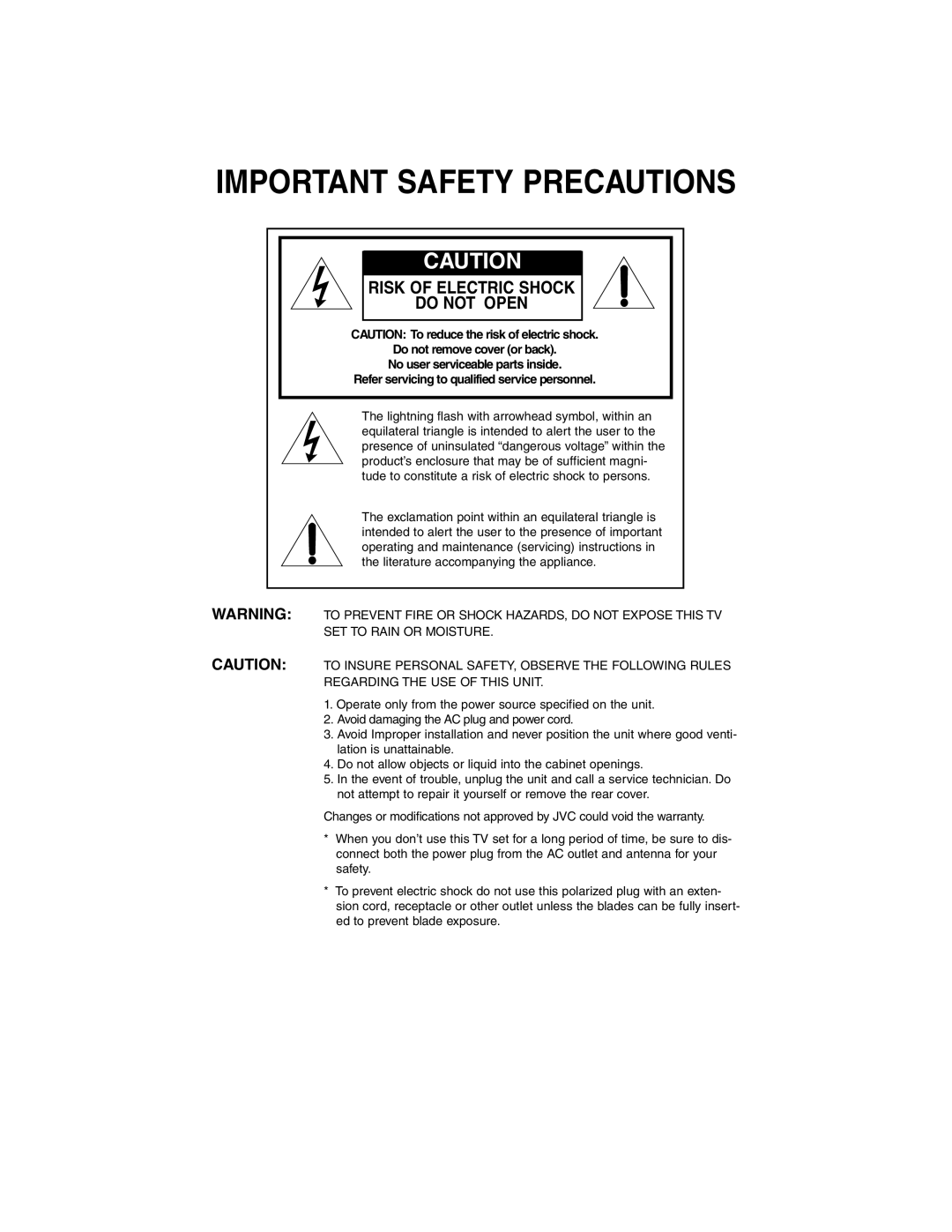 JVC AV-27F703, AV-27F803, AV-27F713, AV-32F803, AV-36F713, AV-32F713, AV-36F703 manual Important Safety Precautions 