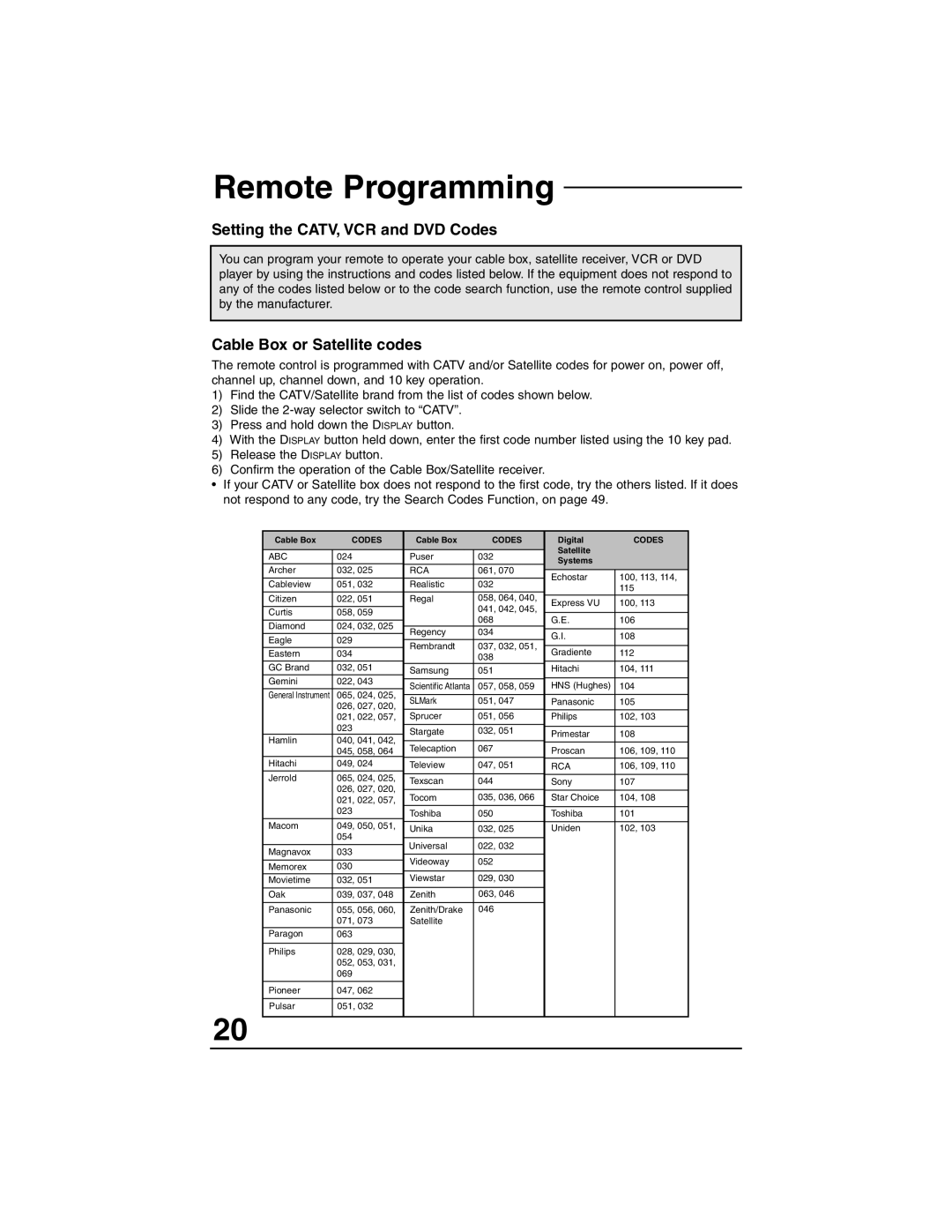 JVC AV-36F713, AV-27F803, AV-27F713 Remote Programming, Setting the CATV, VCR and DVD Codes, Cable Box or Satellite codes 