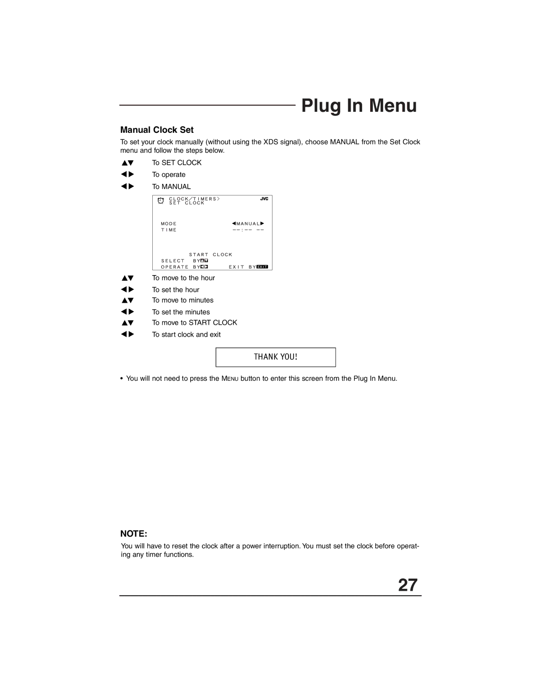 JVC AV-32F803, AV-27F803, AV-27F713, AV-27F703, AV-36F713, AV-32F713, AV-36F703 manual Manual Clock Set, Thank YOU 
