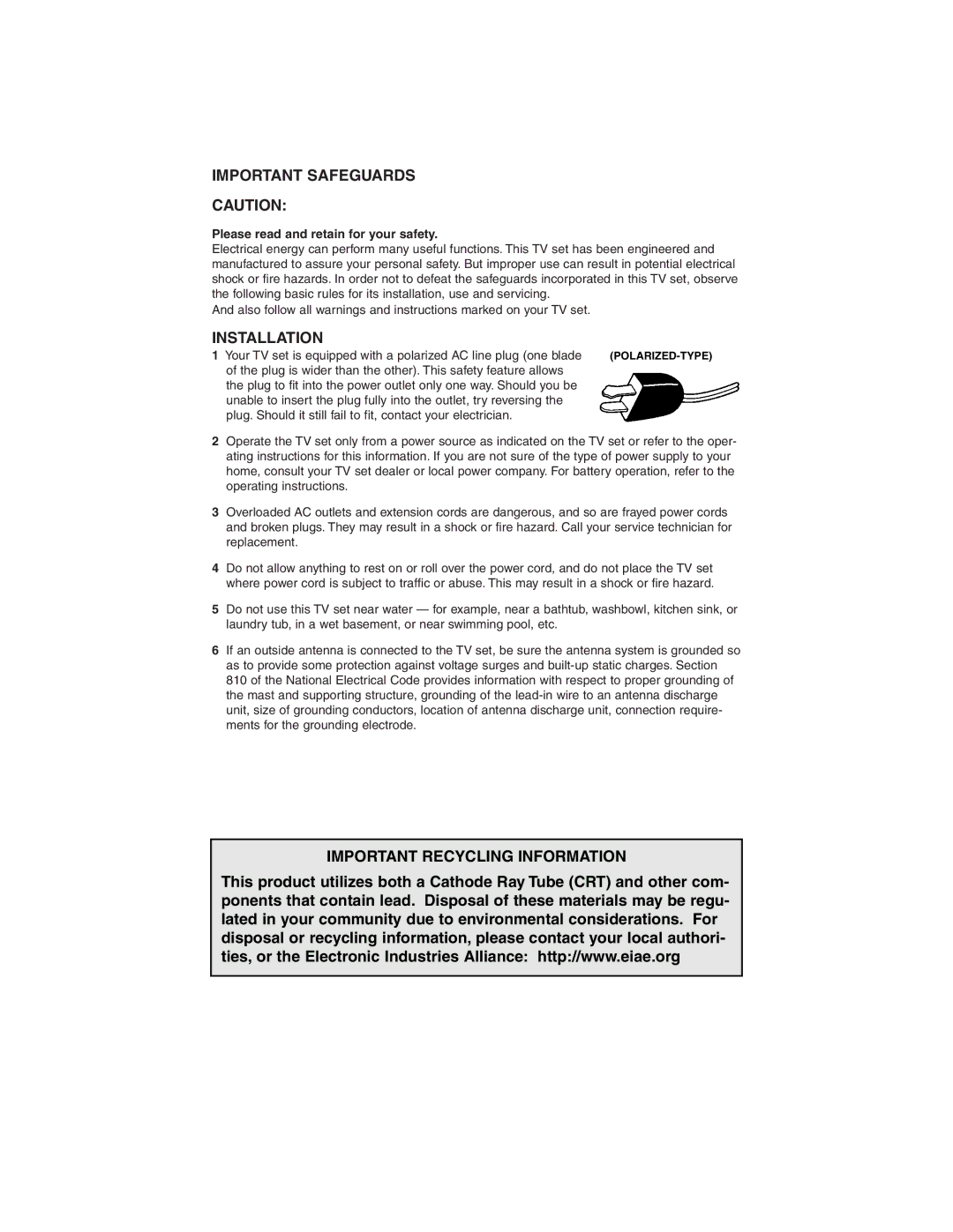 JVC AV-32F803 Important Safeguards, Installation, Important Recycling Information, Please read and retain for your safety 