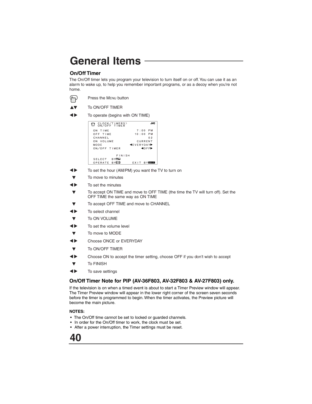 JVC AV-27F803, AV-27F713, AV-27F703, AV-32F803, AV-36F713, AV-32F713, AV-36F703 manual General Items, On/Off Timer 