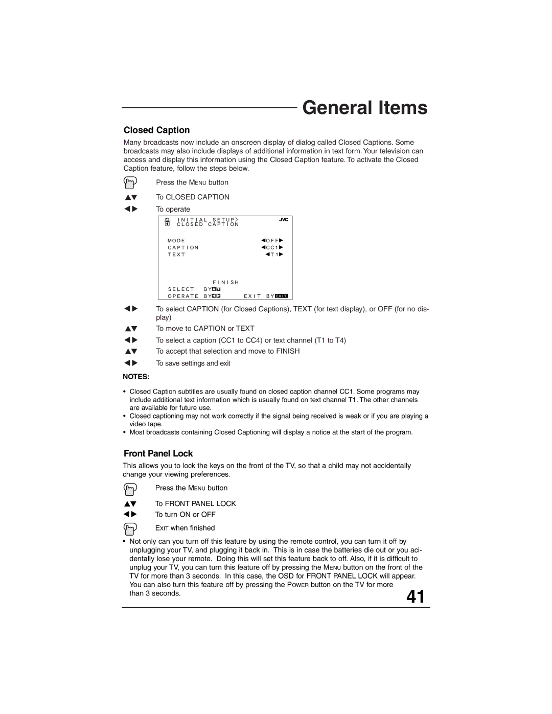 JVC AV-27F713, AV-27F803, AV-27F703, AV-32F803, AV-36F713, AV-32F713 manual Closed Caption, Front Panel Lock, Than 3 seconds 