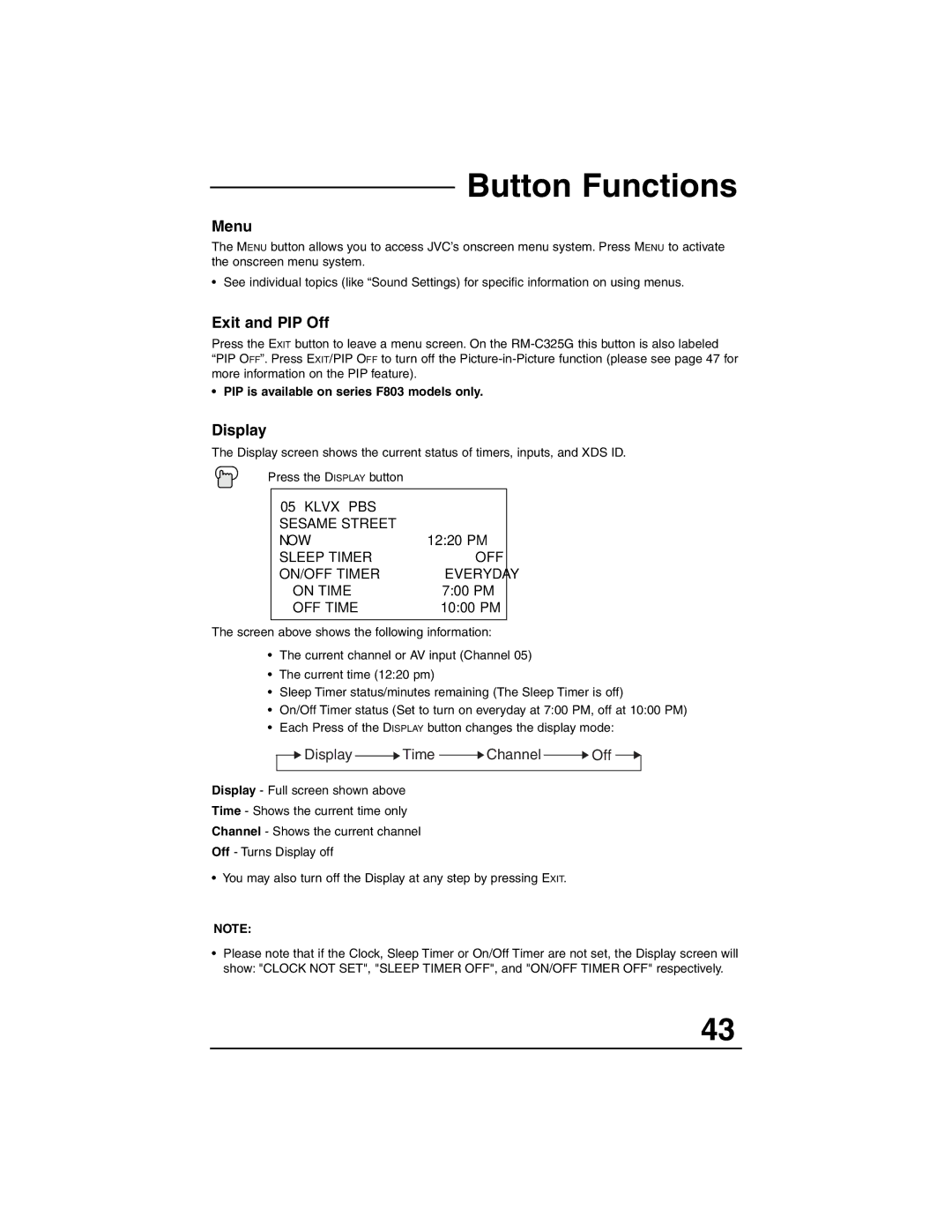 JVC AV-32F803, AV-27F803 Button Functions, Menu, Exit and PIP Off, Display, PIP is available on series F803 models only 