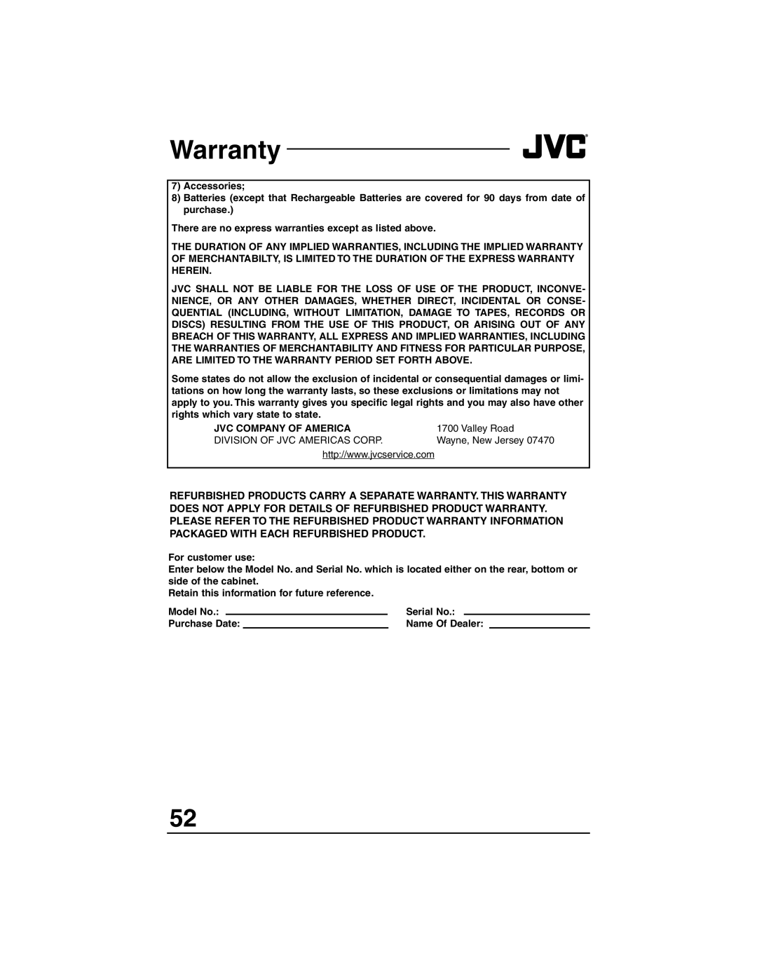 JVC AV-36F713, AV-27F803, AV-27F713, AV-27F703, AV-32F803, AV-32F713, AV-36F703 manual JVC Company of America 