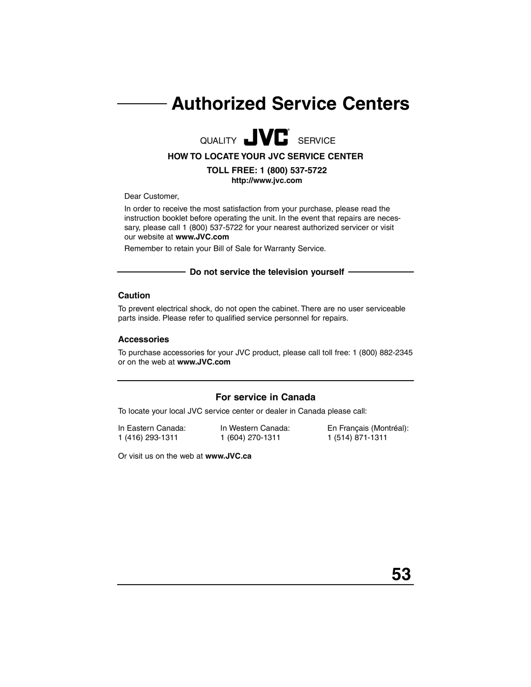 JVC AV-32F713, AV-27F803 Authorized Service Centers, HOW to Locate Your JVC Service Center, Toll Free 1 800, Accessories 