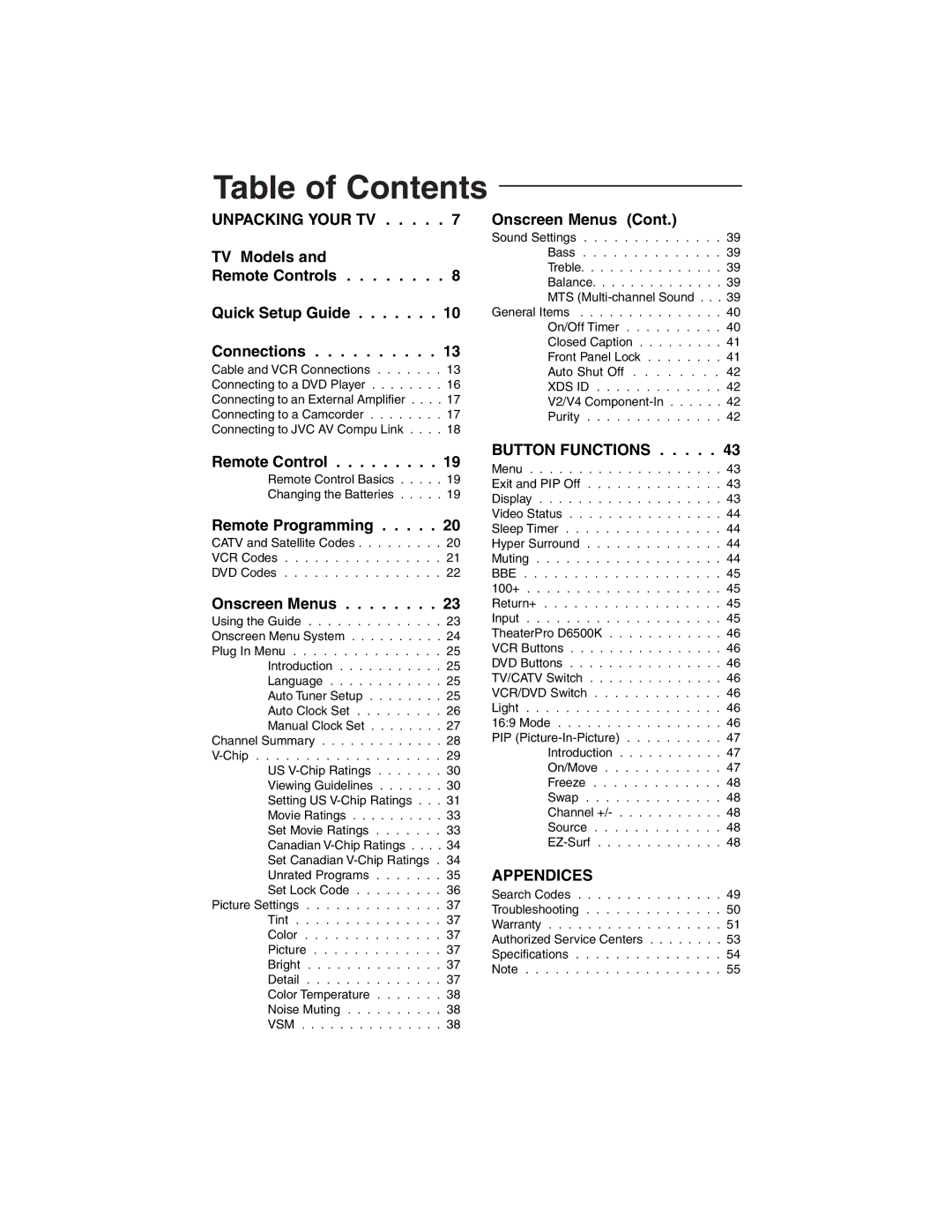 JVC AV-36F703, AV-27F803, AV-27F713, AV-27F703, AV-32F803, AV-36F713, AV-32F713 manual Table of Contents 