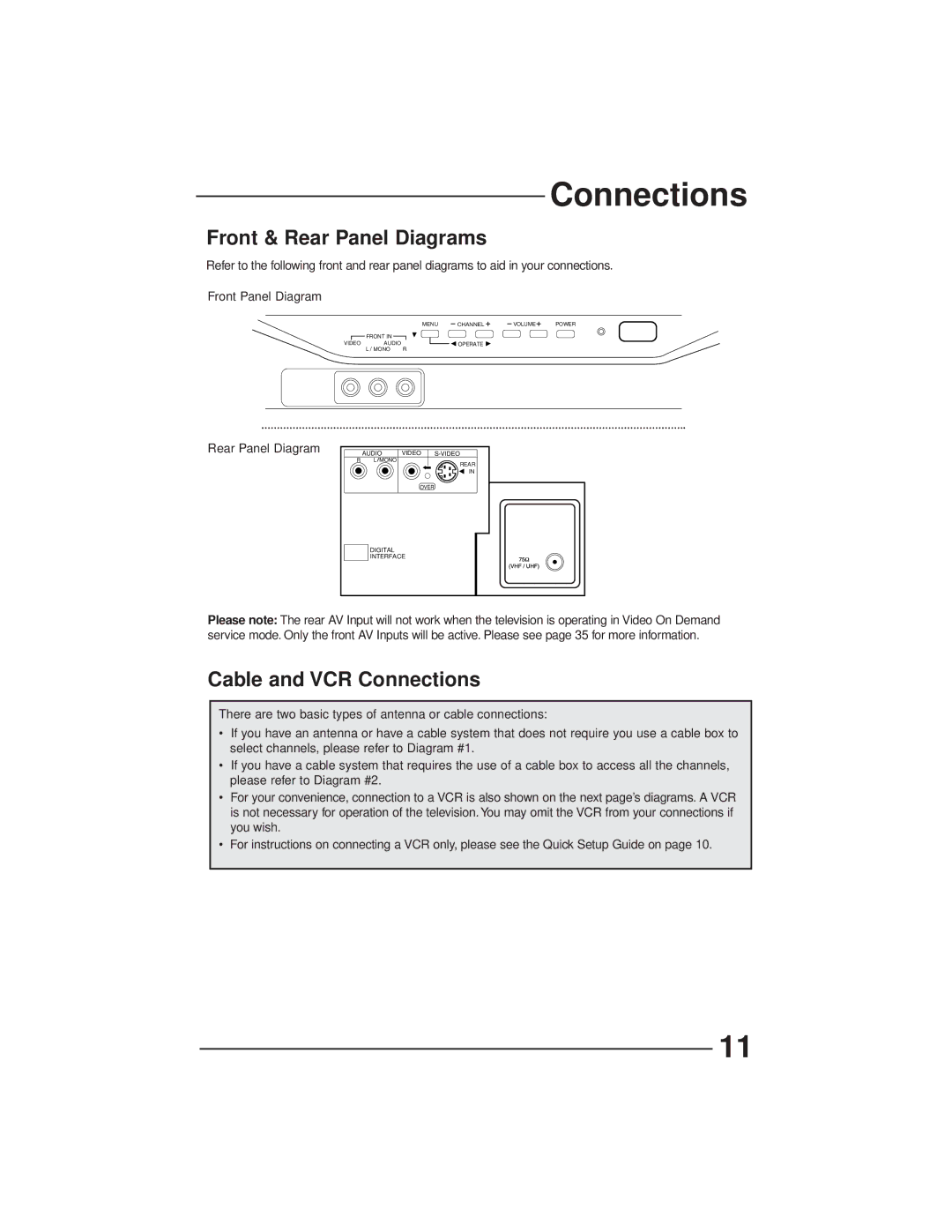 JVC AV-27GFH manual Connections, Front & Rear Panel Diagrams 