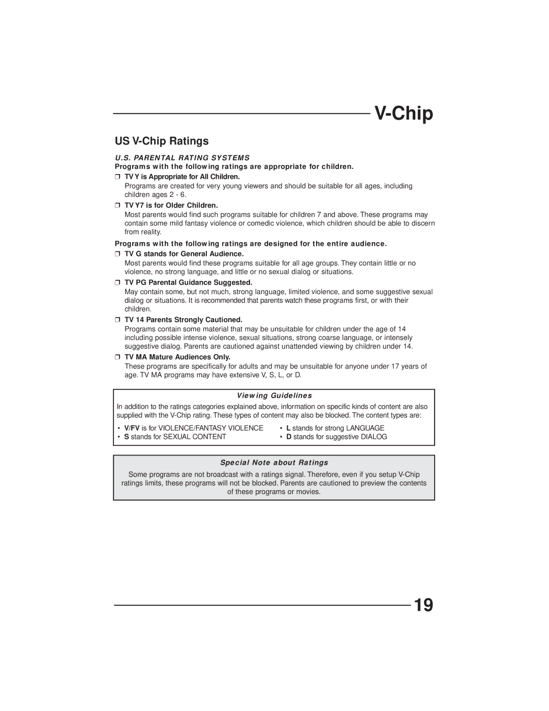 JVC AV-27GFH manual US V-Chip Ratings, Parental Rating Systems 