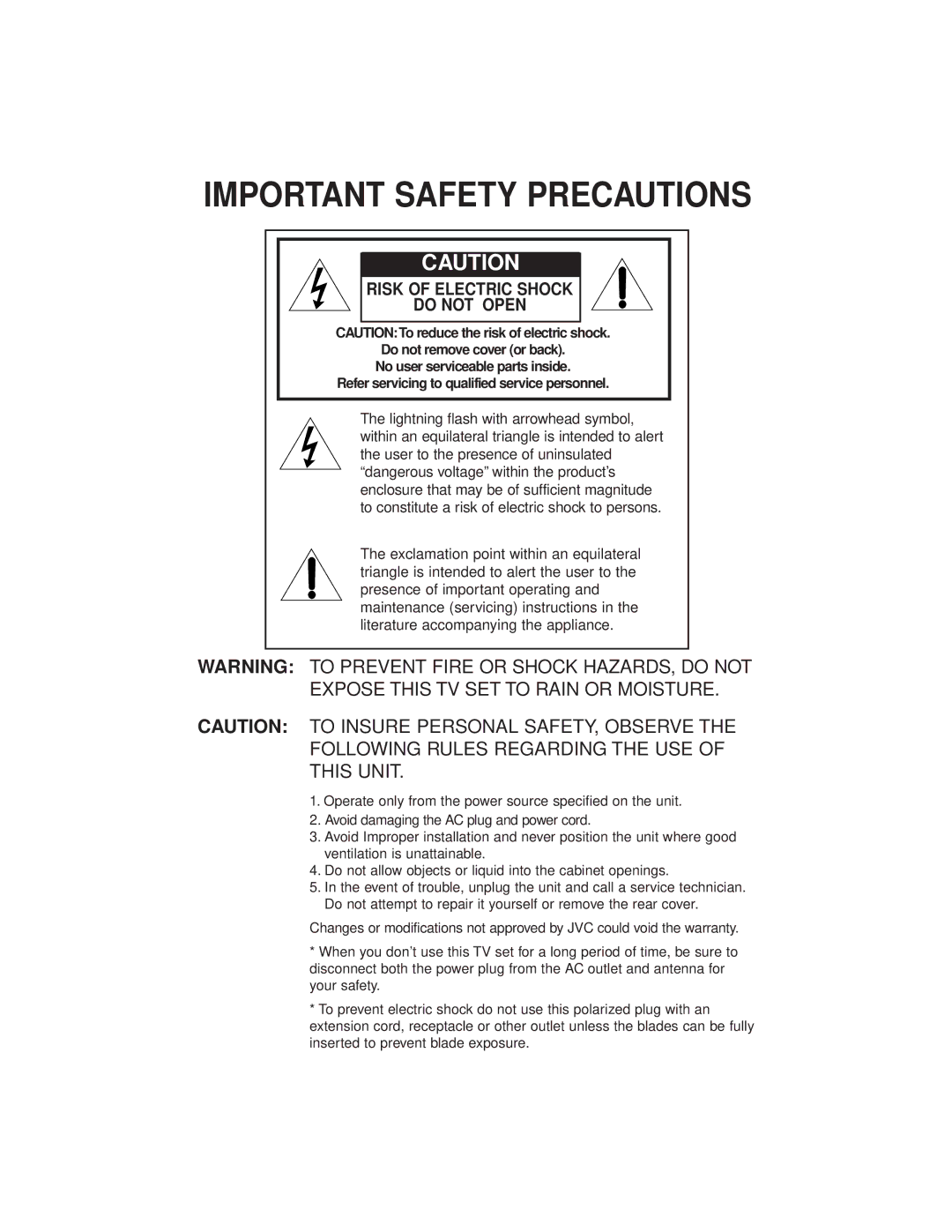 JVC AV-27GFH manual Important Safety Precautions 