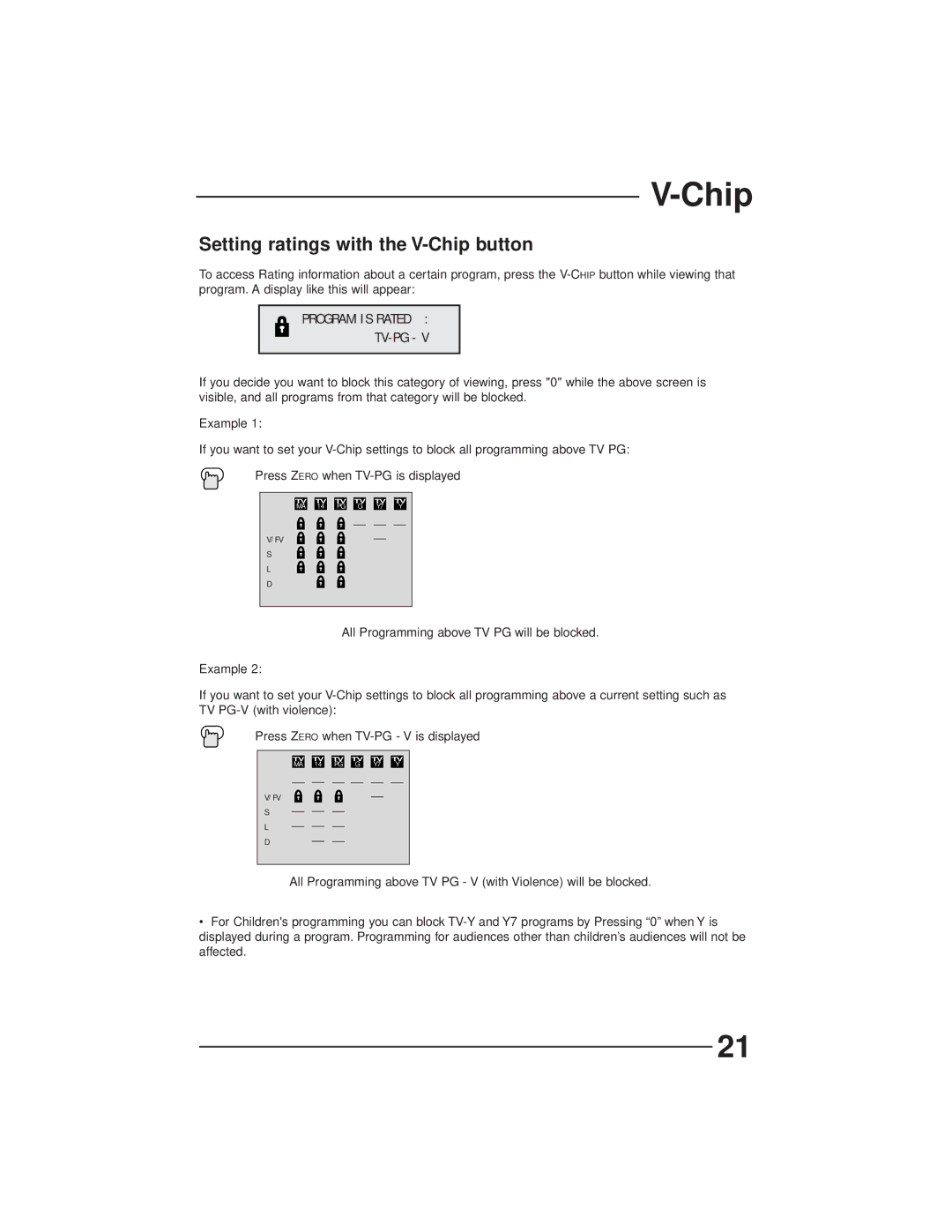 JVC AV-27GFH manual Setting ratings with the V-Chip button, Program is Rated TV-PG 