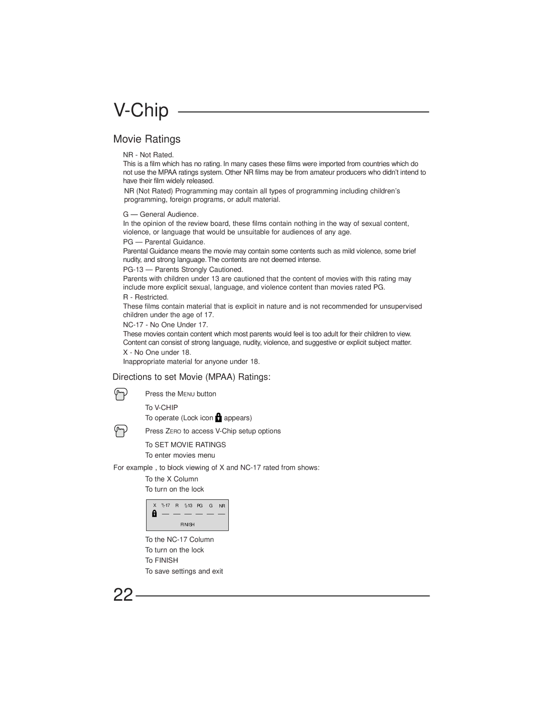 JVC AV-27GFH manual Movie Ratings, Directions to set Movie Mpaa Ratings 