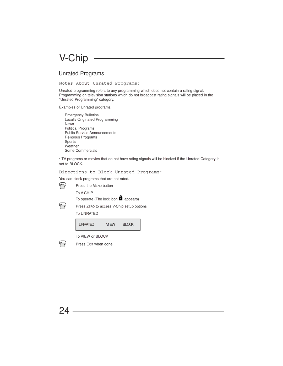 JVC AV-27GFH manual Directions to Block Unrated Programs 