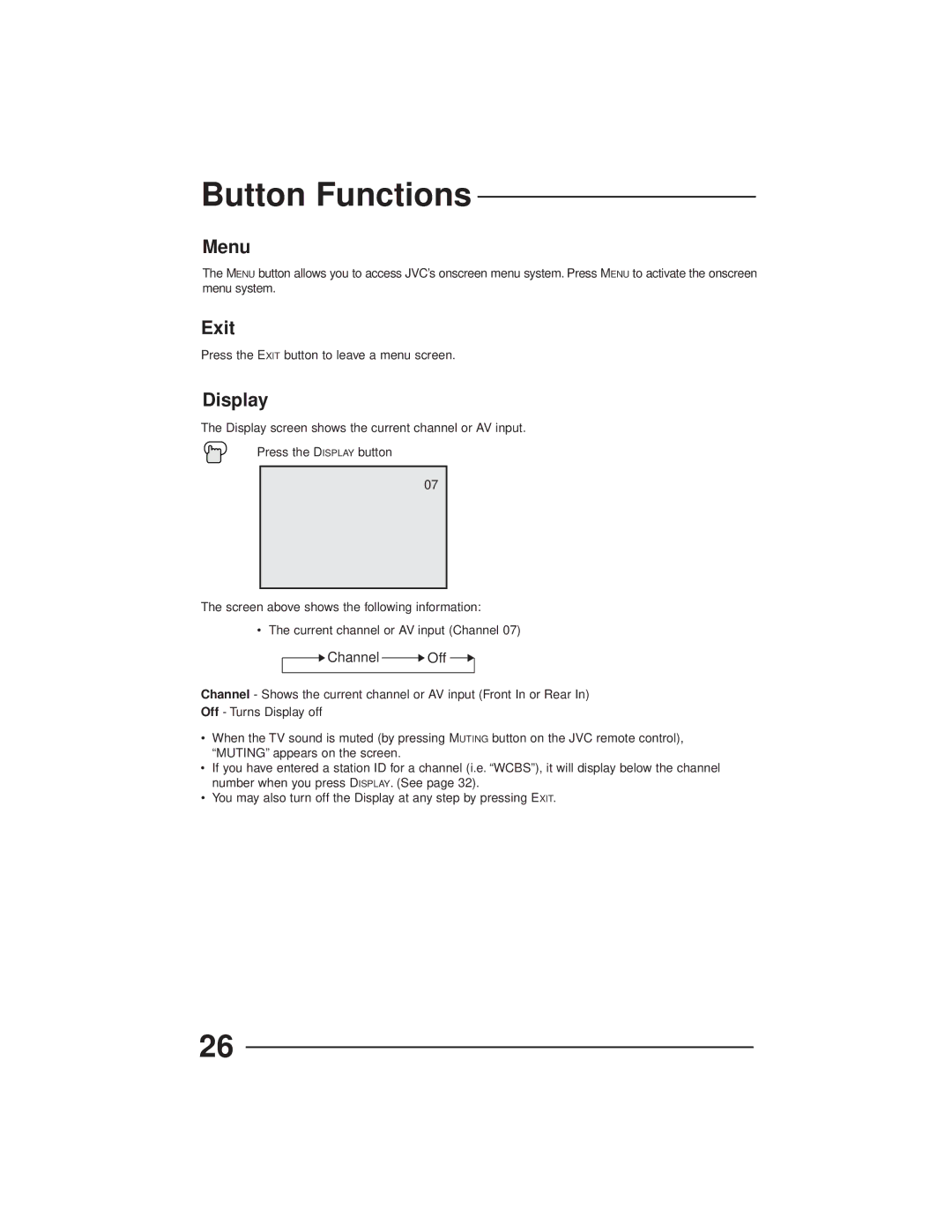 JVC AV-27GFH manual Button Functions, Menu, Exit, Display 