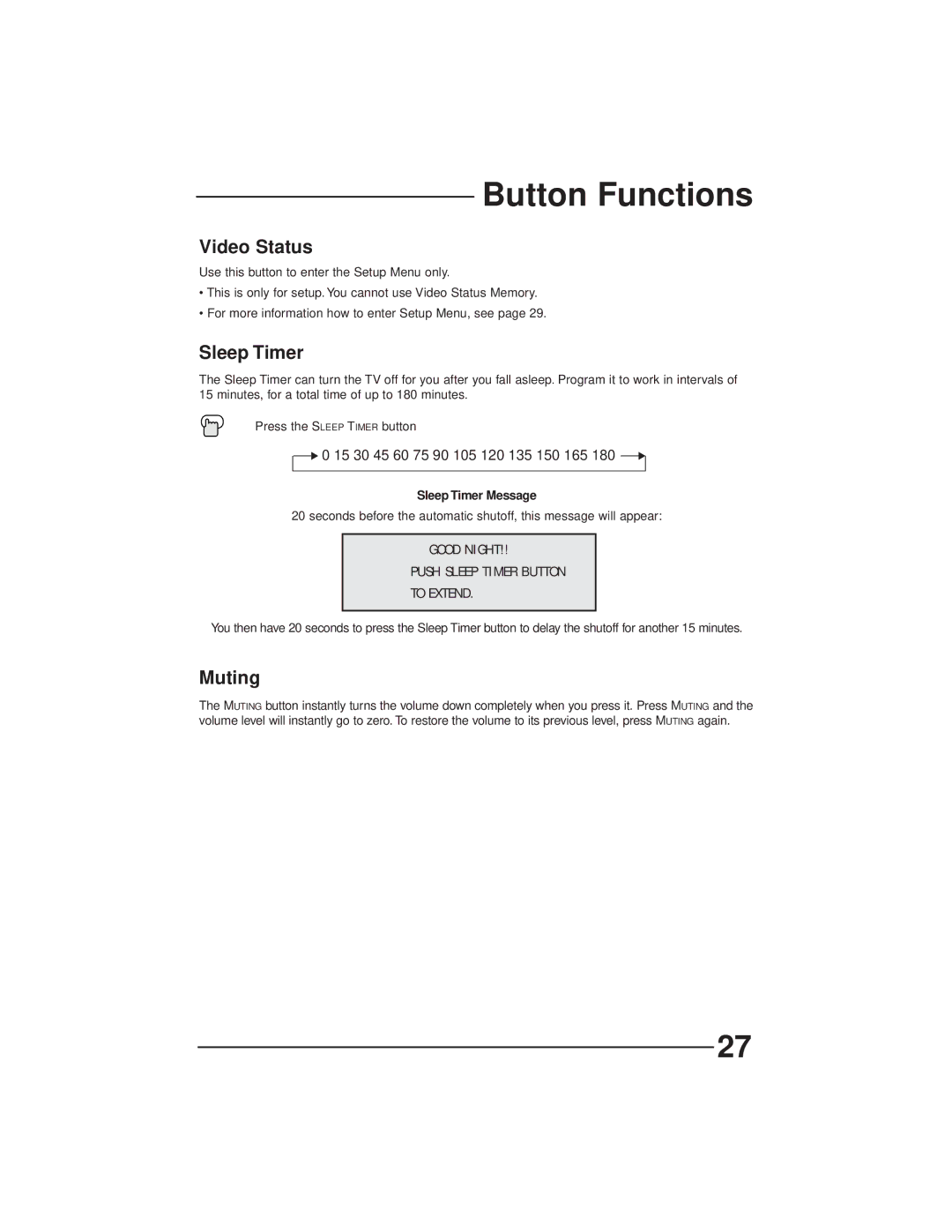 JVC AV-27GFH manual Video Status, Sleep Timer, Muting 