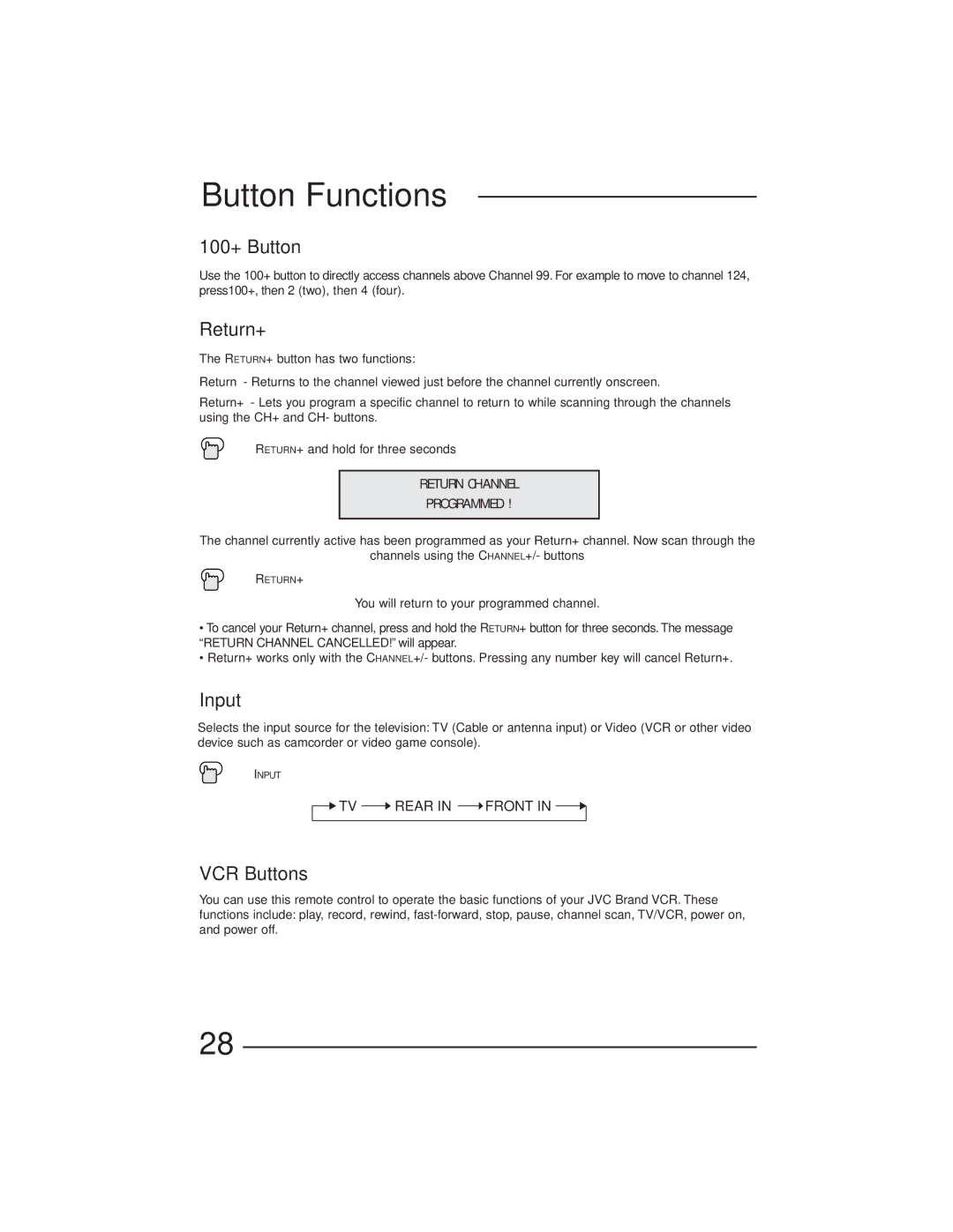 JVC AV-27GFH manual 100+ Button, Return+, Input, VCR Buttons 